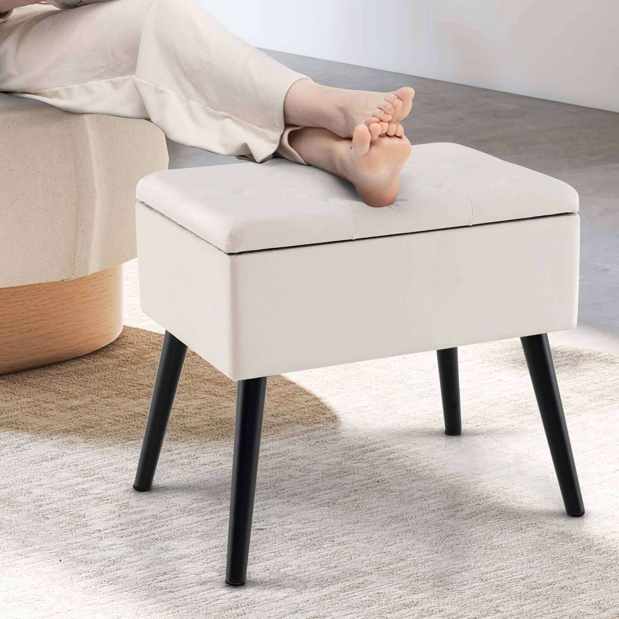 Alt View 1. Costway - Costway Velvet Vanity Stool Ottoman with Storage Solid Wood Legs Flip-Up Top for Entryway Beige - Beige.