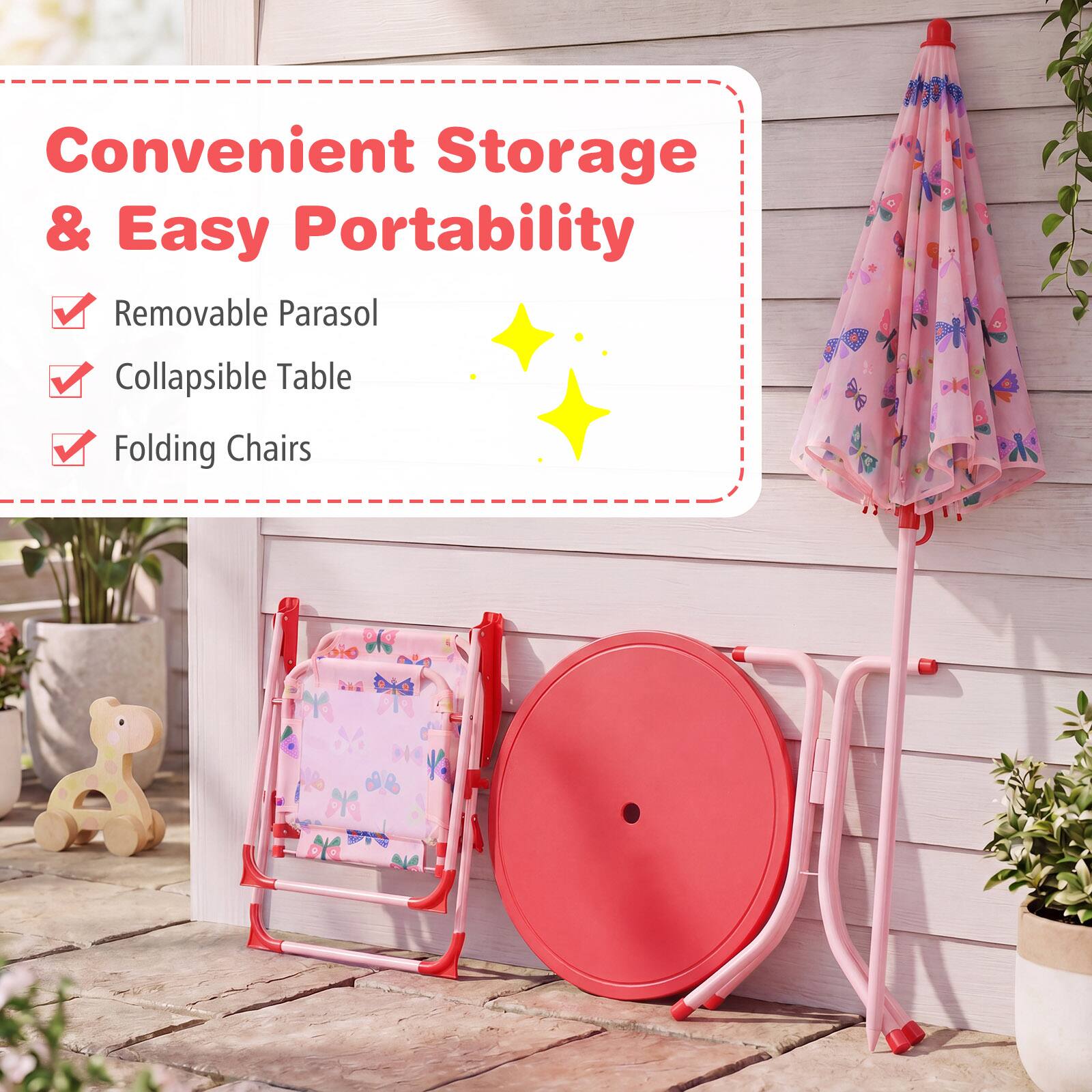 Convenient Storage & Easy Portability  
- Removable Parasol  
- Collapsible Table  
- Folding Chairs