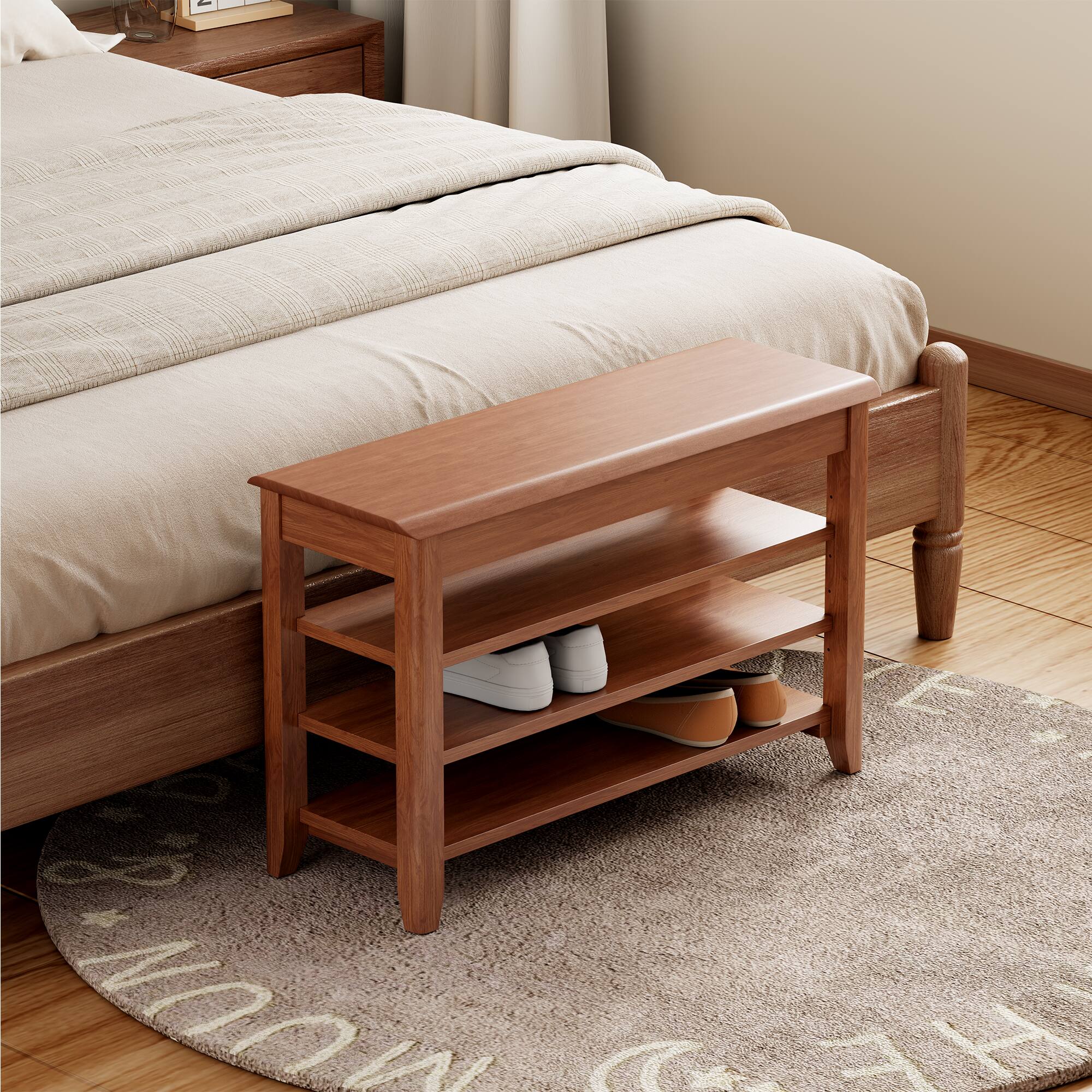 Left. Dexmalle - Dexmalle-4 Tier Solid Wood Shoe Rack Bench for Enterway,550 Pounds Load Bearing-Walnut - Walnut.