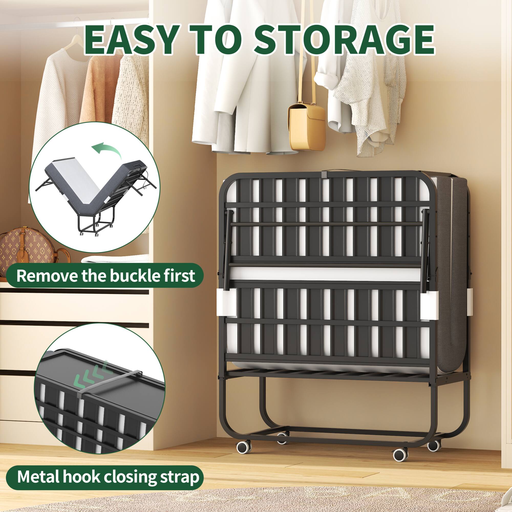 EASY TO STORAGE

Remove the buckle first

Metal hook closing strap