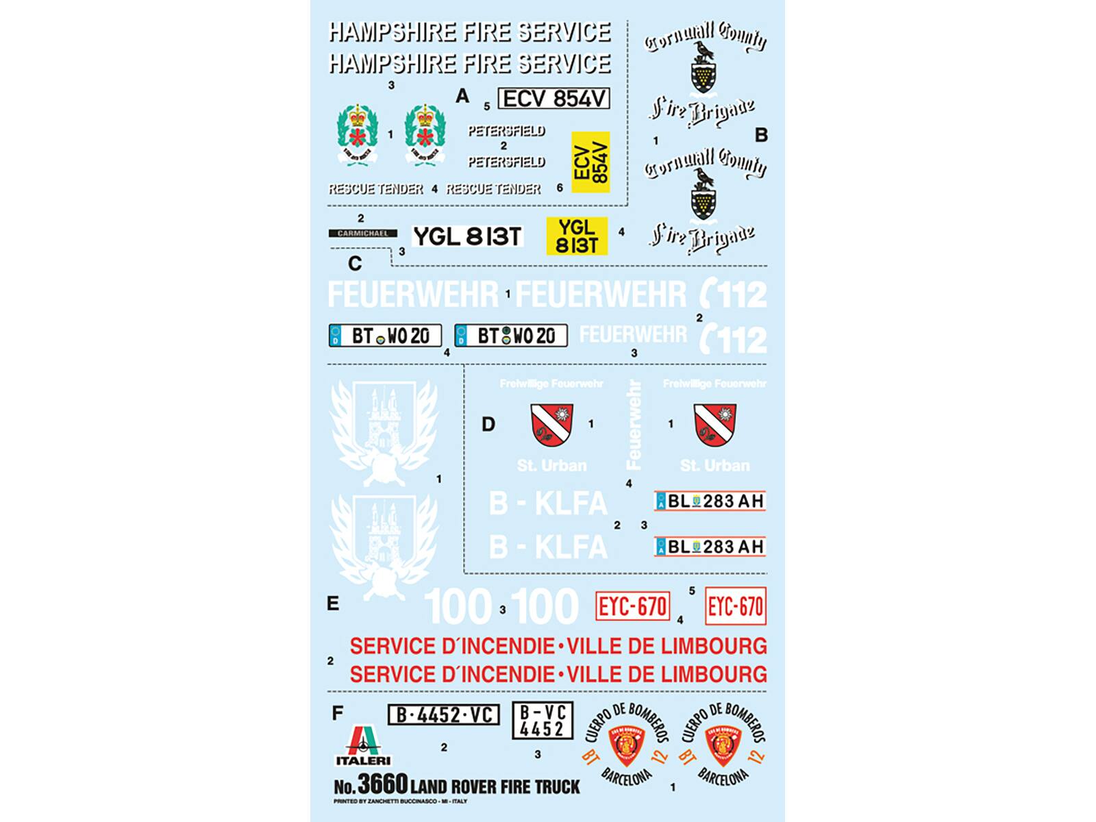 Sure, here is the corrected and grouped text from the image:

---

**HAMPSHIRE FIRE SERVICE**  
A ECV 854V  
PETERSFIELD  
RESCUE TENDER 4  
RESCUE TENDER 6  

**Gornwall Goundy**  
Fire Brigade  
YGL 813T  

**FEUERWEHR**  
FEUERWEHR (112)  
BT WO 20  
Freiwillige Feuerwehr  
St. Urban  
B - KLFA  
BL 283 AH  

**SERVICE D'INCENDIE**  
VILLE DE LIMBOURG  
B-4452-VC  
CUERPO DE BOMBEROS  
BT 12  

**ITALIAN**  
No. 3660 LAND ROVER FIRE TRUCK  
BARCELONA  
PTO. AMRETE  
ITALY  

---

This text is organized by the different fire services and their respective details as shown in the image.