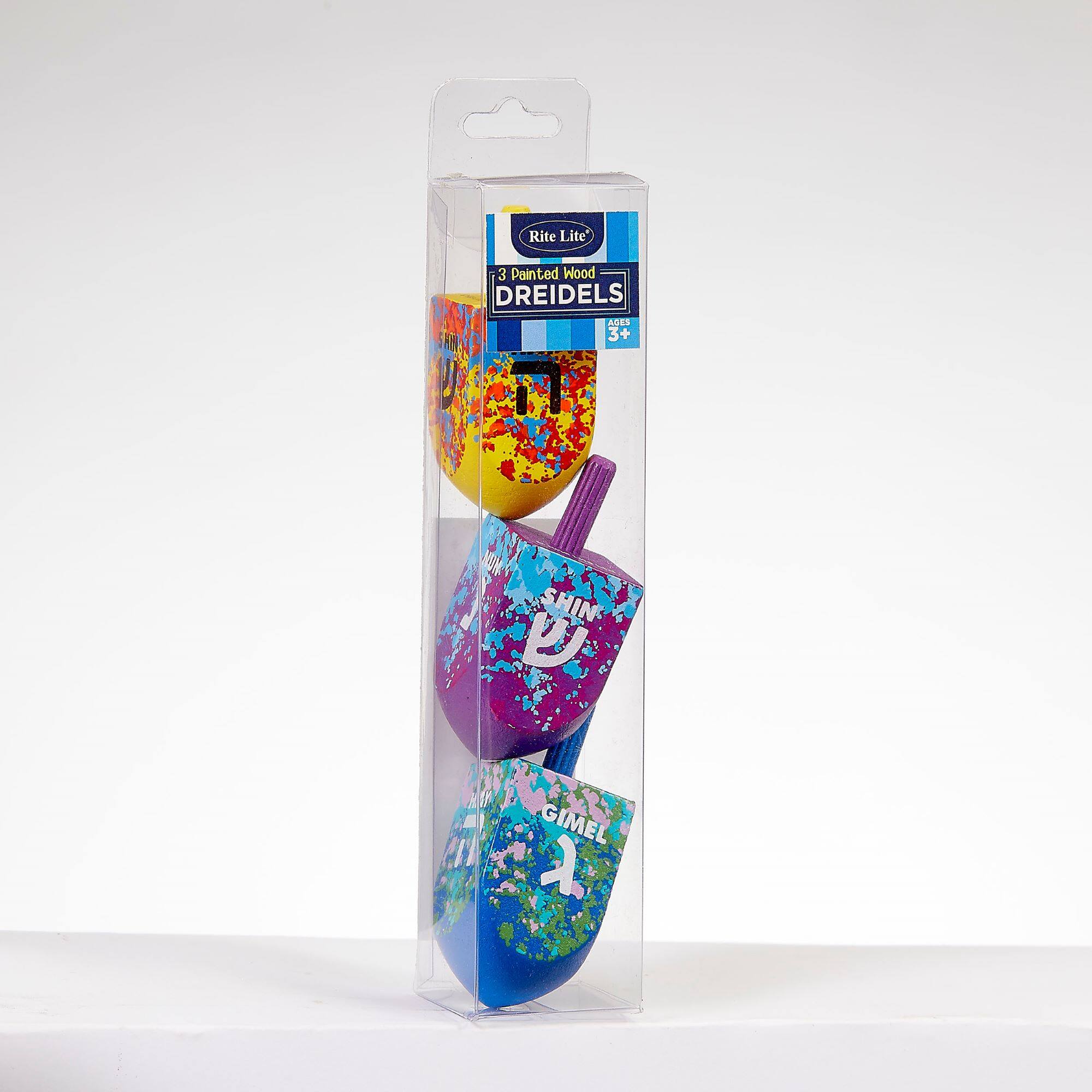 Rite Lite  
3 Painted Wood DREIDELS  
AGES 3+  

SHIN  
GIMEL