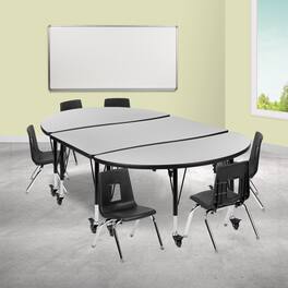 Emma + Oliver - Mobile 76" Oval Wave Collaborative Laminate Activity Table Set with 14" Student Stack Chairs, Grey/Black - Gray