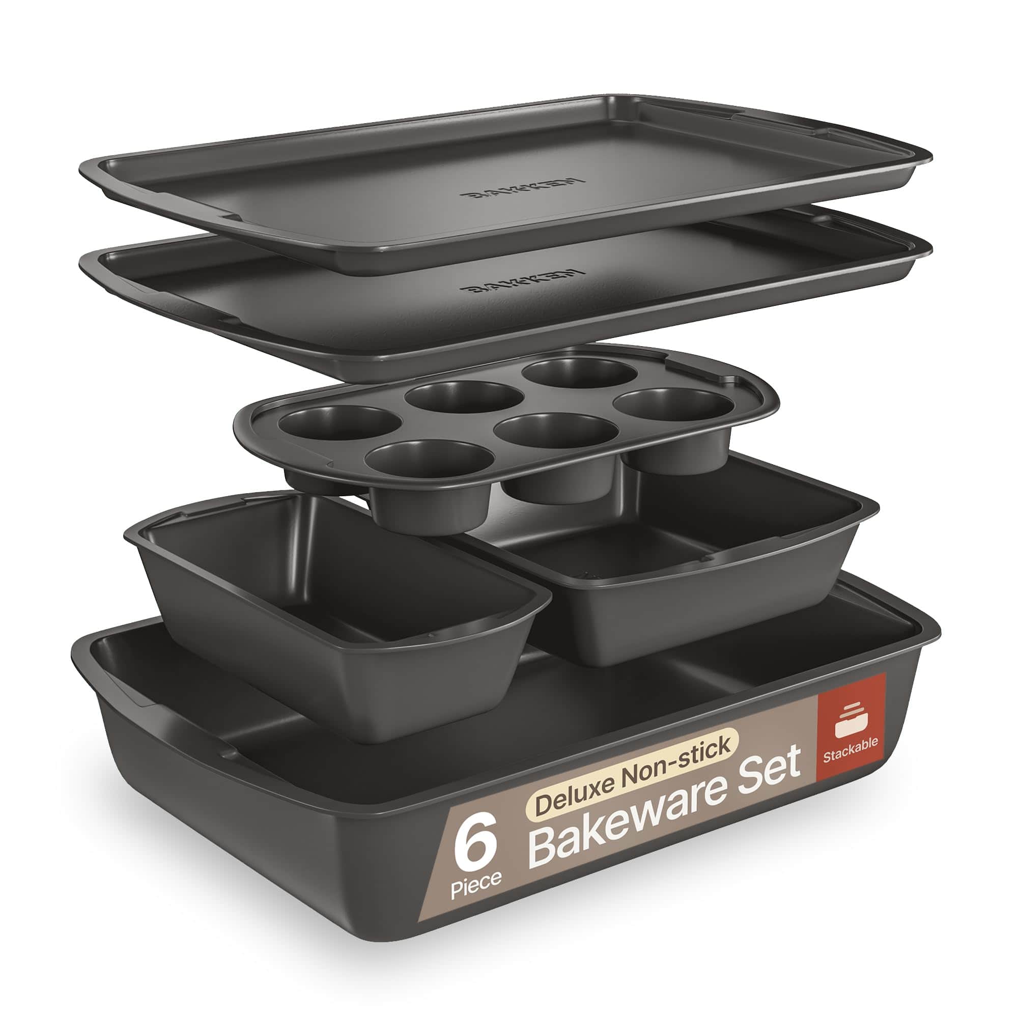 Bakken- Swiss - Bakken Swiss - Bakeware Set – 6 Piece – Stackable, Deluxe, Non-Stick Baking Pans for Professional and Home Cooking – Car - Gray