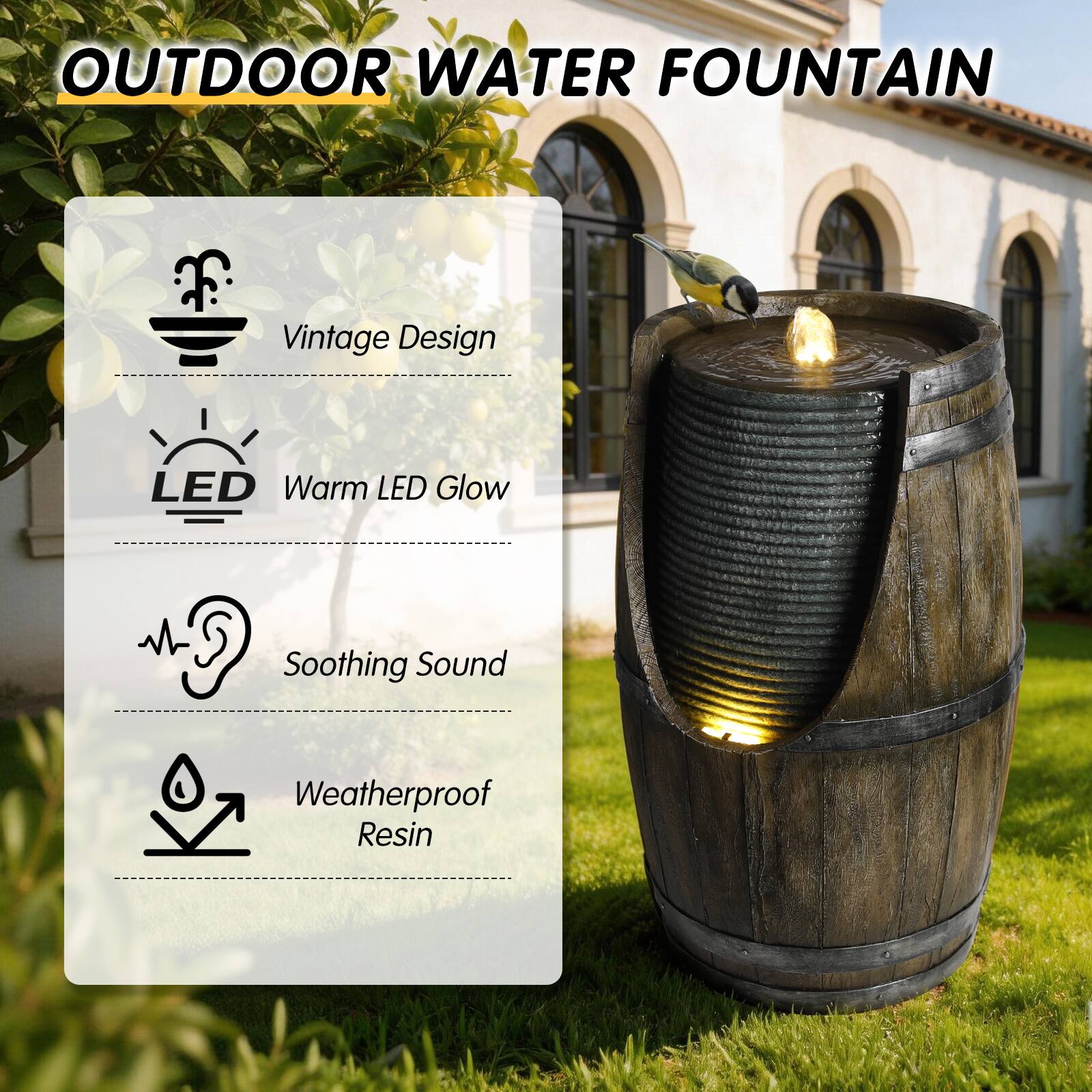 OUTDOOR WATER FOUNTAIN

- Vintage Design
- Warm LED Glow
- Soothing Sound
- Weatherproof Resin