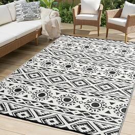 Earthley Blooms - Outdoor Rug Waterproof Ft Reversible Plastic Straw Patio Rv Rugs For Outside Carpet Camping Deck Balcony Ba - Black and White-5 x 8 Feet