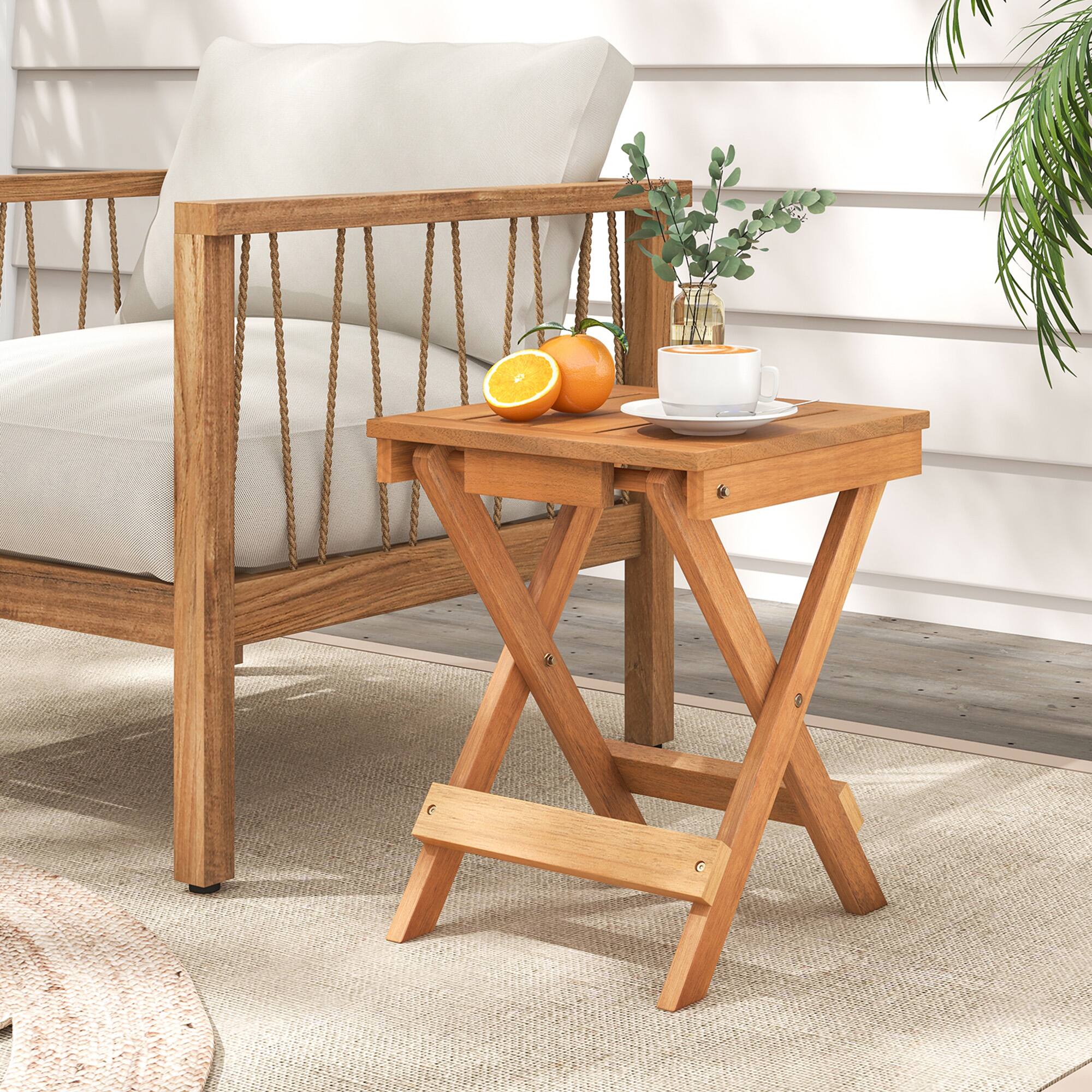 Alt View 2. Gymax - Gymax 14 inch Outdoor Folding Side Table Hardwood Square Compact Patio Table - Natural.