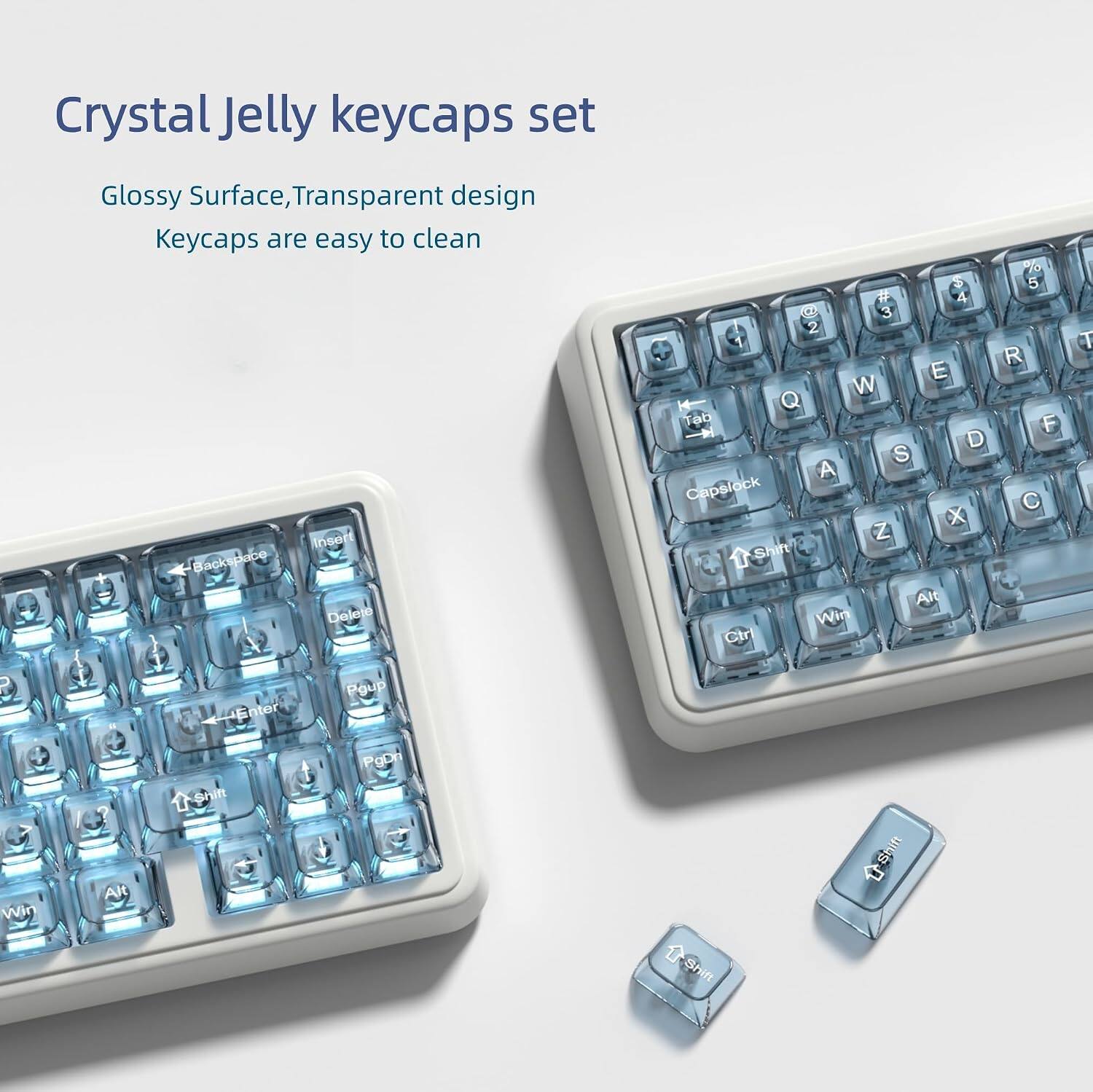 Crystal Jelly keycaps set Glossy Surface, Transparent design Keycaps are easy to clean Insert Backspace Delete 3 W 4 3 2 1 E W Q Tab D S A Capslock X Z Shift Alt Win Ctrl % 5 R F C T Win N Enter Shift