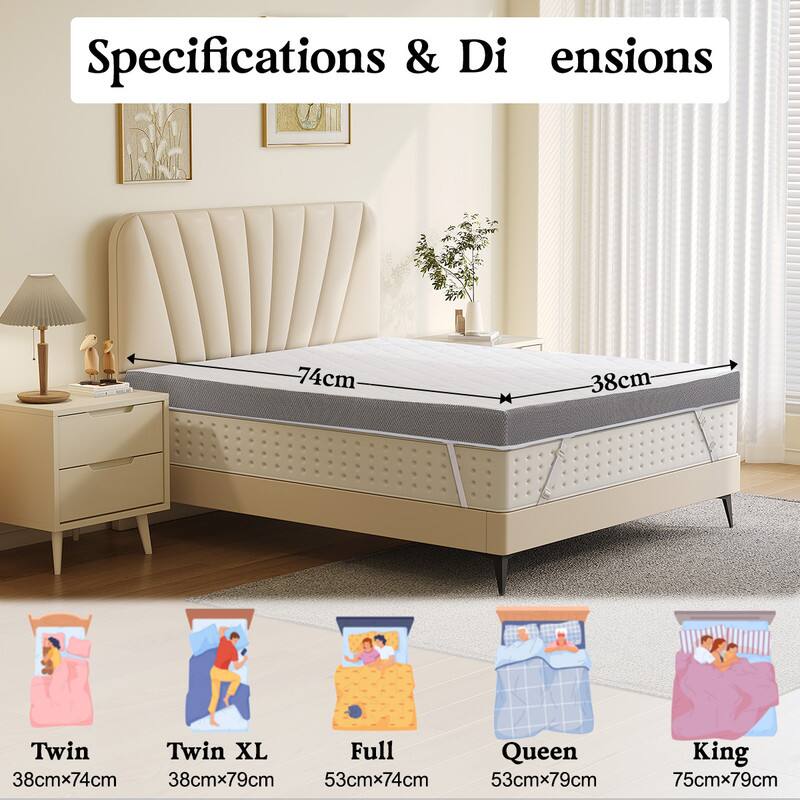 Specifications & Dimensions:

- Twin: 38cm x 74cm
- Twin XL: 38cm x 79cm
- Full: 53cm x 74cm
- Queen: 53cm x 79cm
- King: 75cm x 79cm