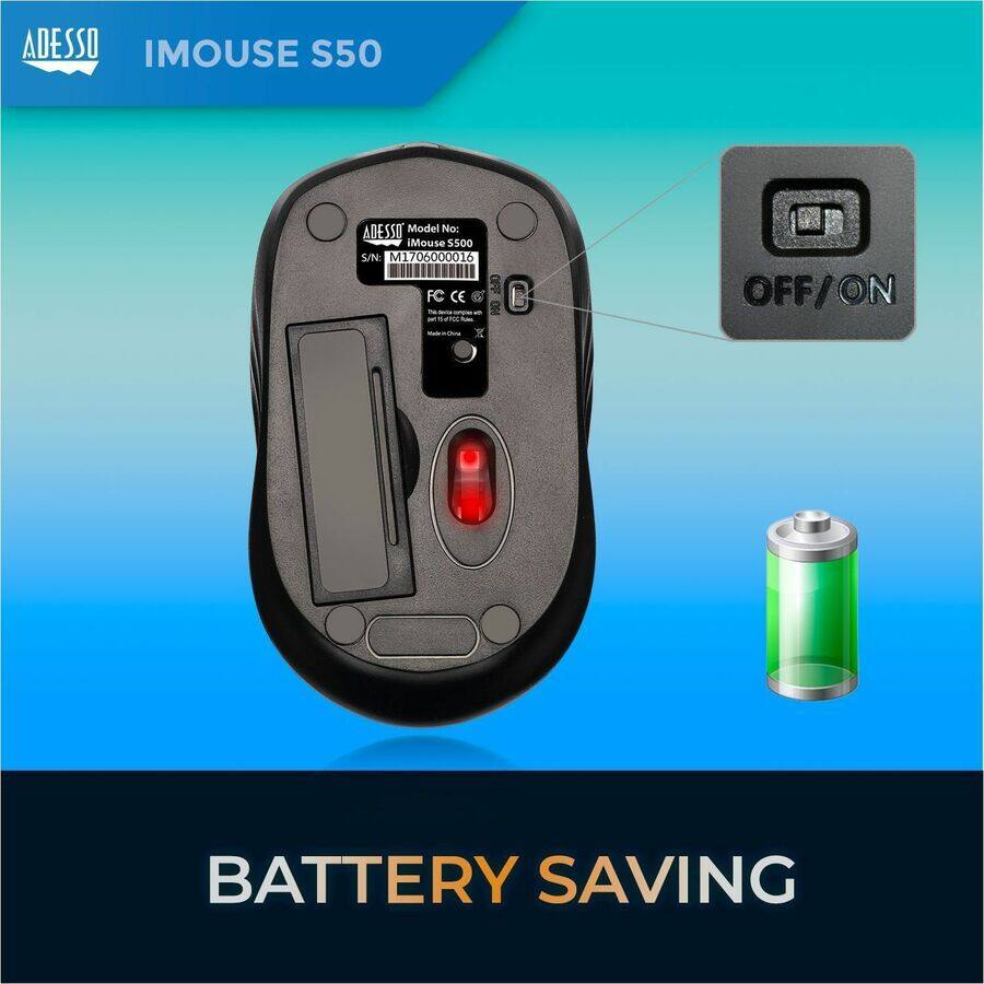 ADESSO  
IMOUSE S50  

Model No: iMouse S500  
S/N: M1706000016  

FC CE  

OFF/ON  

BATTERY SAVING