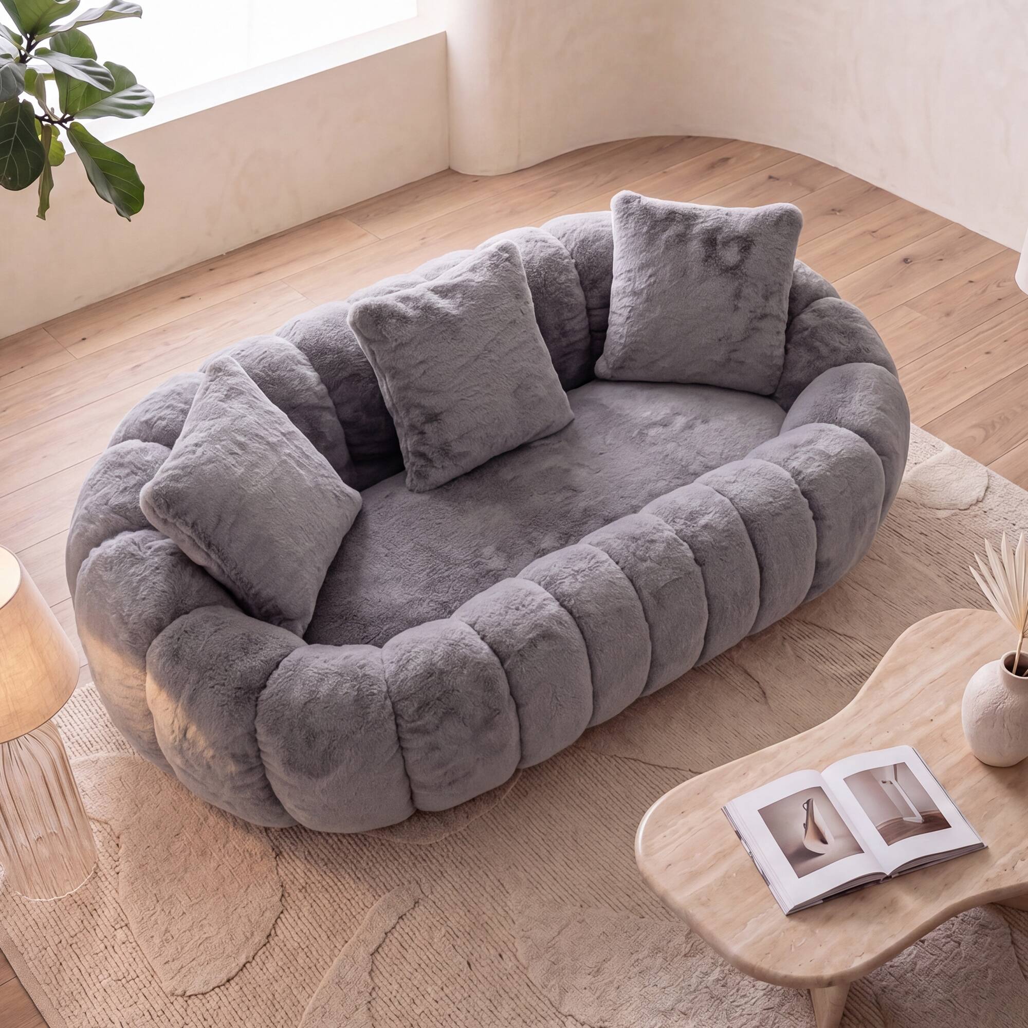 Angle. Anysun - Floral-Shaped Sofa – Ultra-Soft Faux Fur Sofa, Large Living Room Two-Seater Sofa, Two-Person Style - Grey.