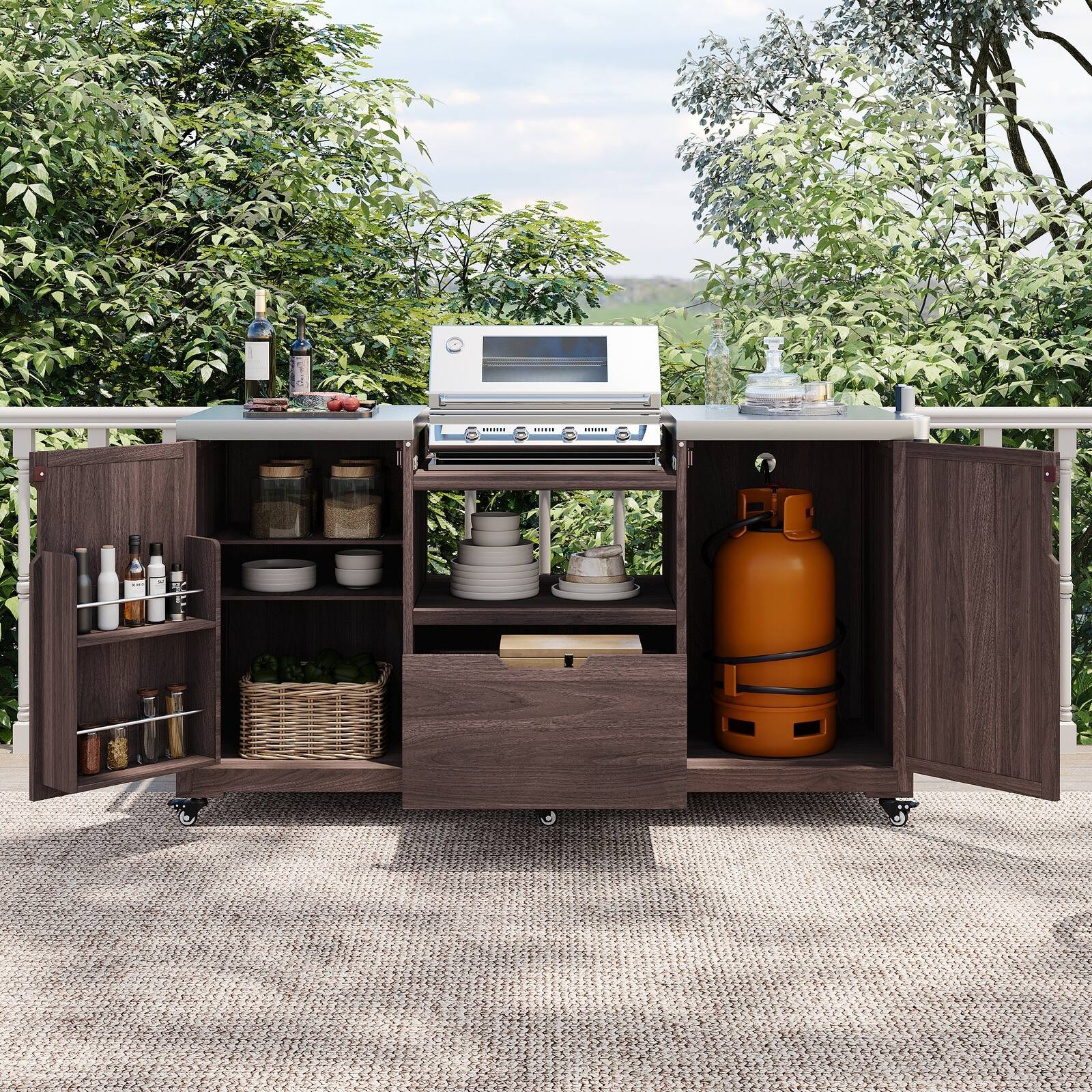 Alt View 1. Spaco - Spaco 67" Outdoor Kitchen Island Cart for Big Green Egg Grills, Teak Stainless Top, Drawer Storage, for Kitchen, Outdoor - Brown.