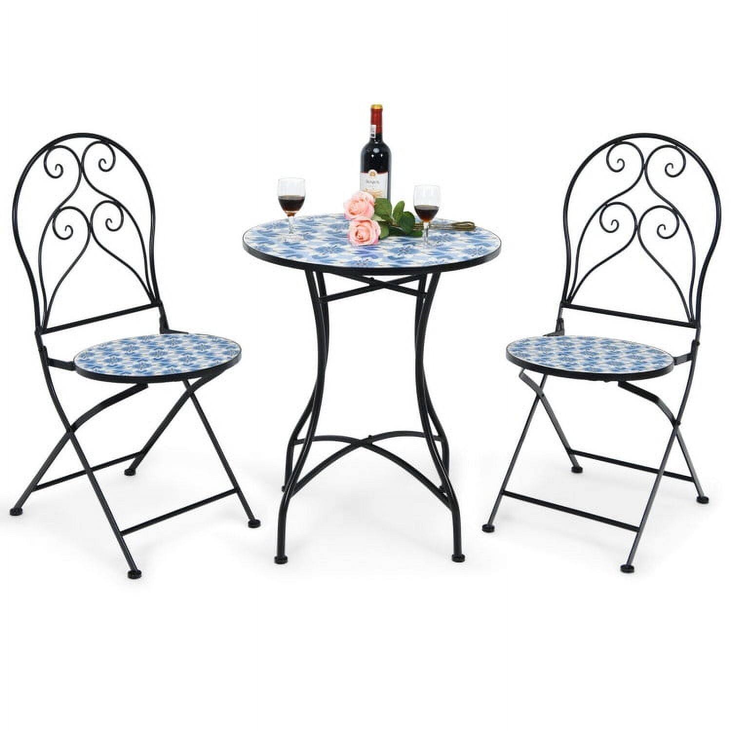 Back. Kadyn - 3 Pieces Patio Bistro Mosaic Design Set, Small Patio Conversation Furniture Set with Folding Chairs and Round Table - Blue.