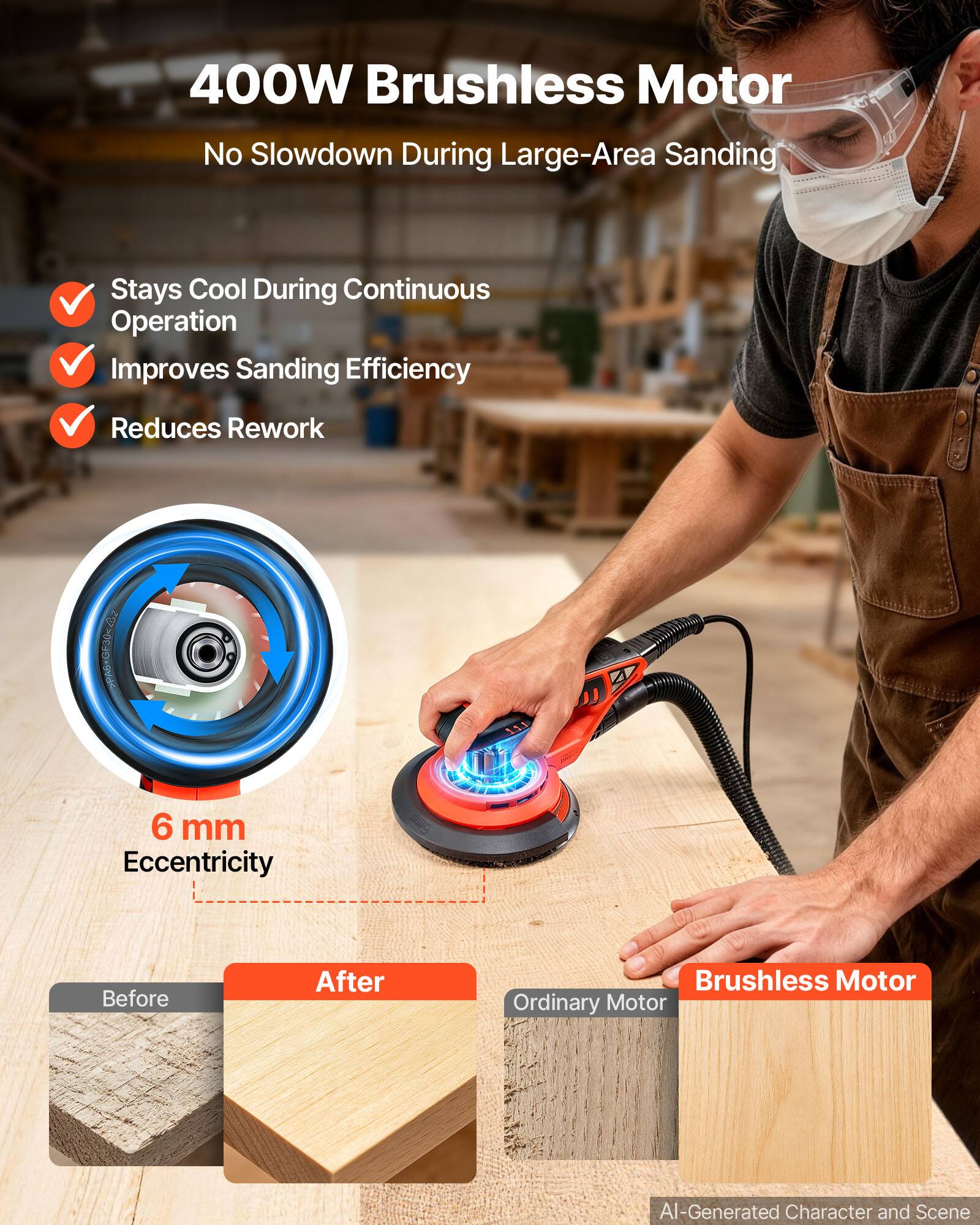 400W Brushless Motor  
No Slowdown During Large-Area Sanding  
Stays Cool During Continuous Operation  
Improves Sanding Efficiency  
Reduces Rework  

6 mm Eccentricity  

Before | After  
Ordinary Motor | Brushless Motor  

AI-Generated Character and Scene