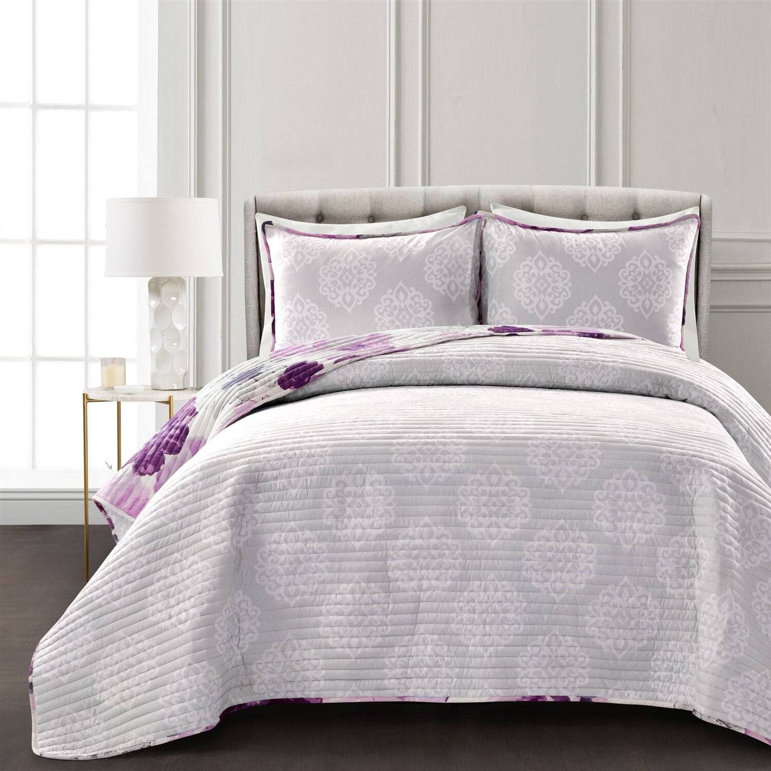 Left. Hivvago - Full/Queen Purple Grey Flowers Lightweight Polyester Microfiber Quilt Set - Purple,Grey.