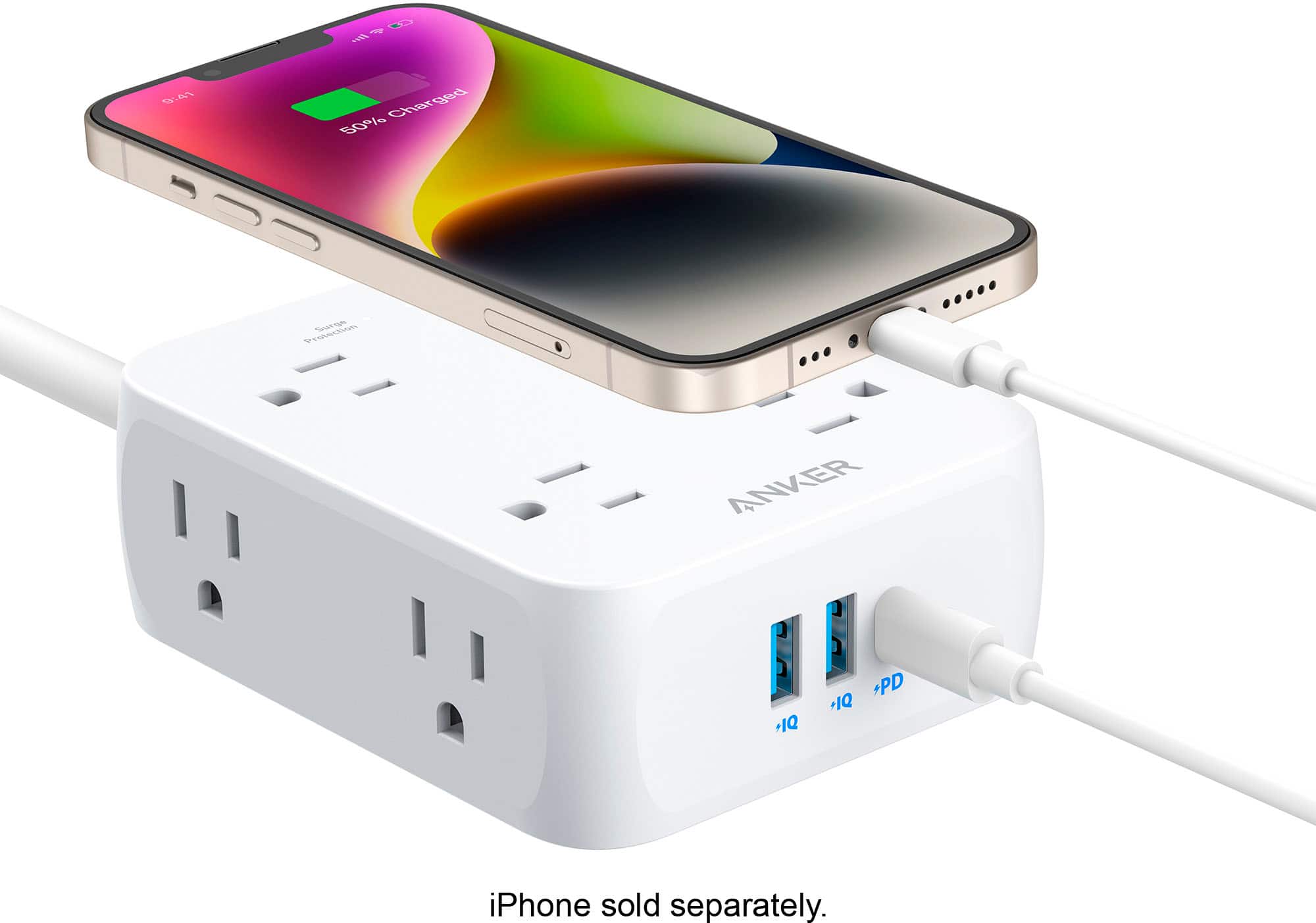 S T 9:41 Charged 50% cin noitaa Y ANKER D +IQ +PD +IQ iPhone sold separately.