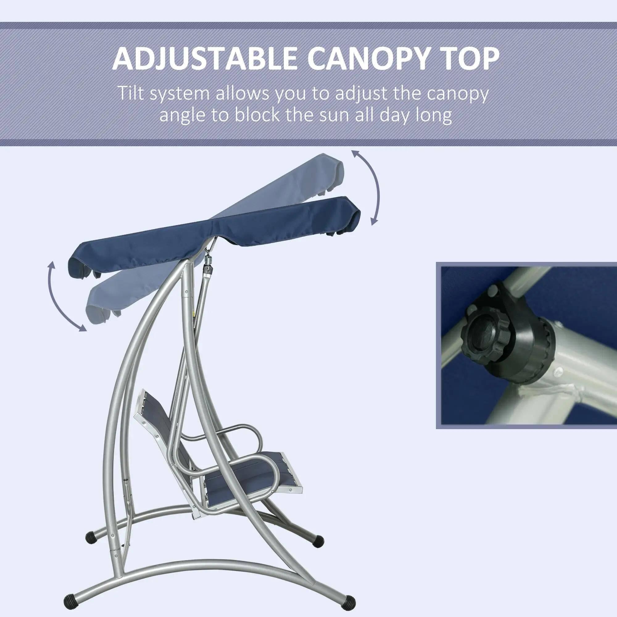 The text on the image can be grouped and corrected as follows:

**ADJUSTABLE CANOPY TOP**

Tilt system allows you to adjust the canopy angle to block the sun all day long.