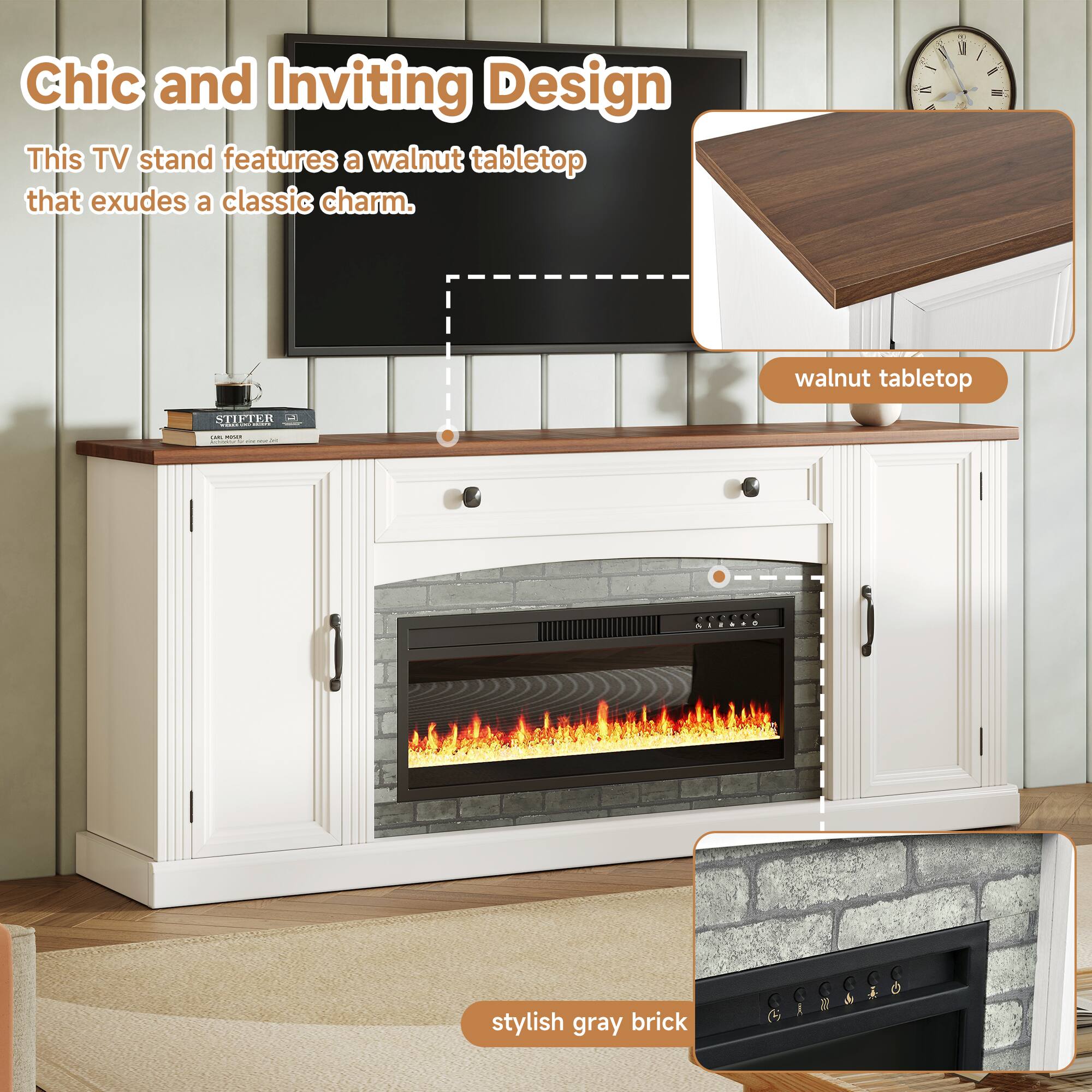 Chic and Inviting Design

This TV stand features a walnut tabletop that exudes a classic charm.

- walnut tabletop
- stylish gray brick