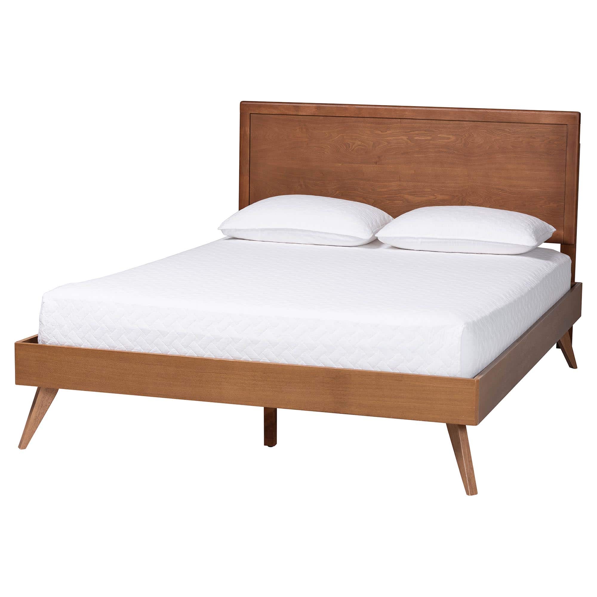 Baxton Studio - Jiro Platform Bed - Mid-Century Modern Wood Bed Frame with Panel Headboard and Angled Legs, Queen - Ash Walnut