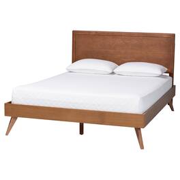 Baxton Studio - Jiro Platform Bed - Mid-Century Modern Wood Bed Frame with Panel Headboard and Angled Legs, Queen - Ash Walnut