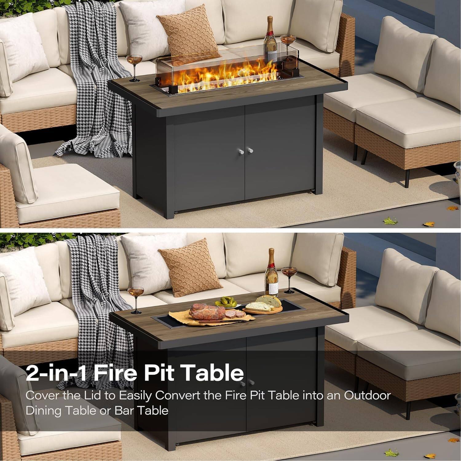 2-in-1 Fire Pit Table  
Cover the Lid to Easily Convert the Fire Pit Table into an Outdoor Dining Table or Bar Table