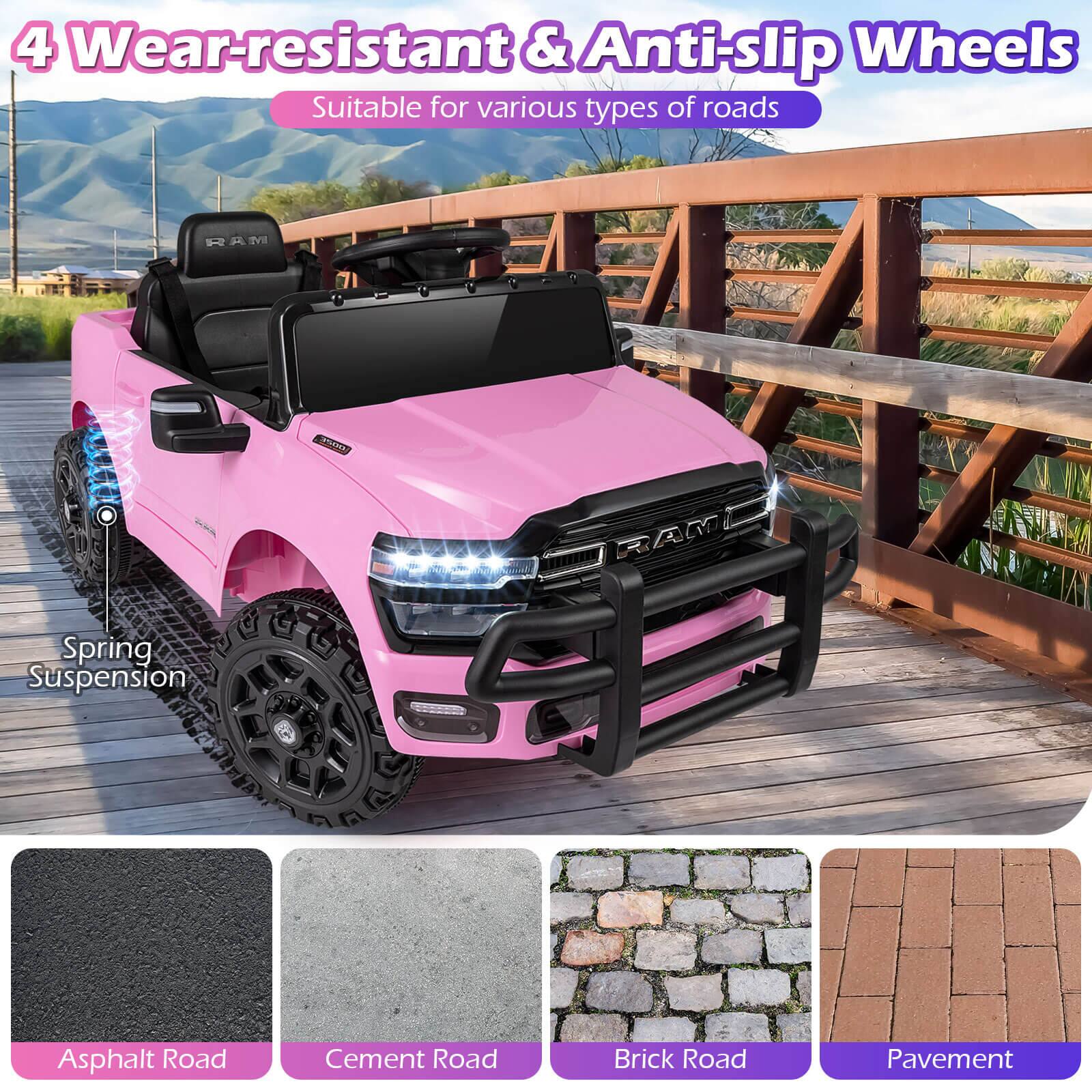 4 Wear-resistant & Anti-slip Wheels  
Suitable for various types of roads  

- Asphalt Road  
- Cement Road  
- Brick Road  
- Pavement  

Spring Suspension