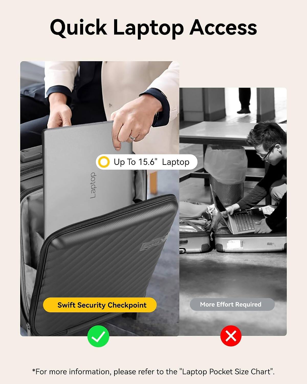 Quick Laptop Access  
Laptop Up To 15.6"  
Laptop Swift Security Checkpoint  
More Effort Required  
*For more information, please refer to the "Laptop Pocket Size Chart".