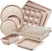 Front. HONGBAKE - 10 Pieces Bakeware Sets Including Rack, Cookie Sheet, Cake Pans, Loaf Pan, Muffin Pan, Pizza Pan - Champagne Gold.