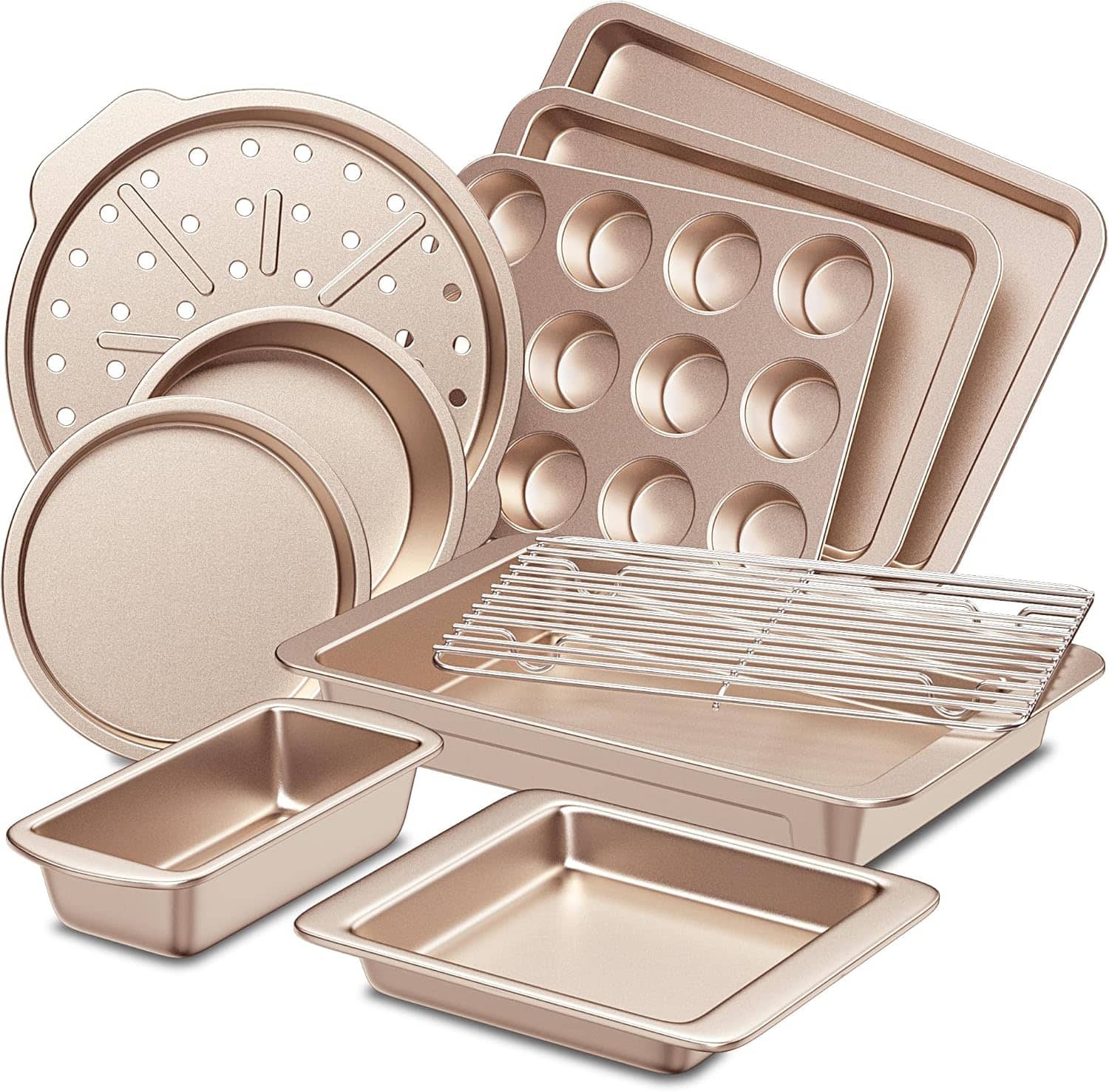 HONGBAKE - 10 Pieces Bakeware Sets Including Rack, Cookie Sheet, Cake Pans, Loaf Pan, Muffin Pan, Pizza Pan - Champagne Gold