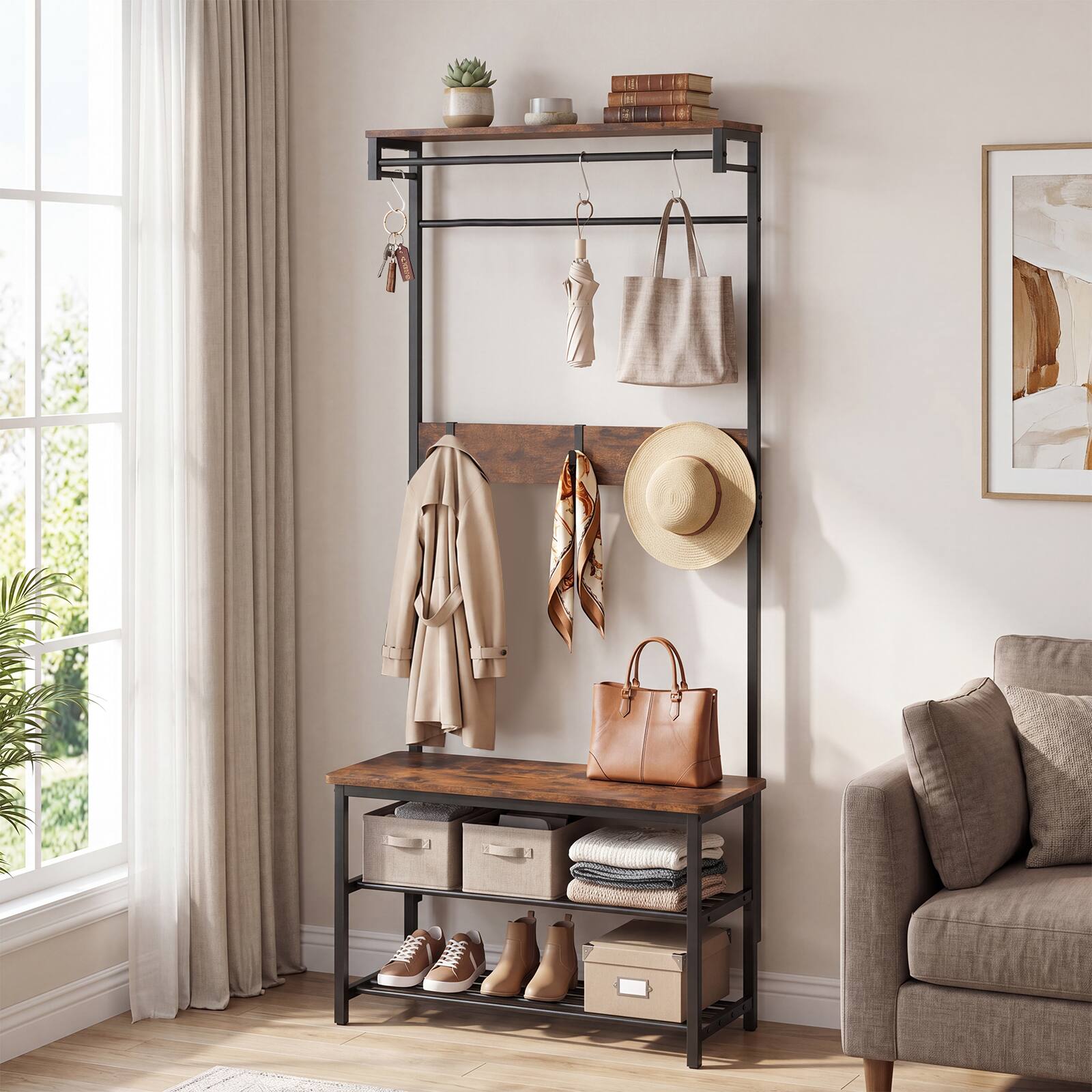 Alt View 1. Costway - Costway 4-in-1 Hall Tree: Coat Rack with Shoe Bench, Hanging Rod, Shelves & Removable Hooks - Rustic Brown + Black.