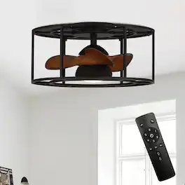Parrot Uncle - 20" Industrial Metal Caged Low Profile Ceiling Fan with Light - Matte Black