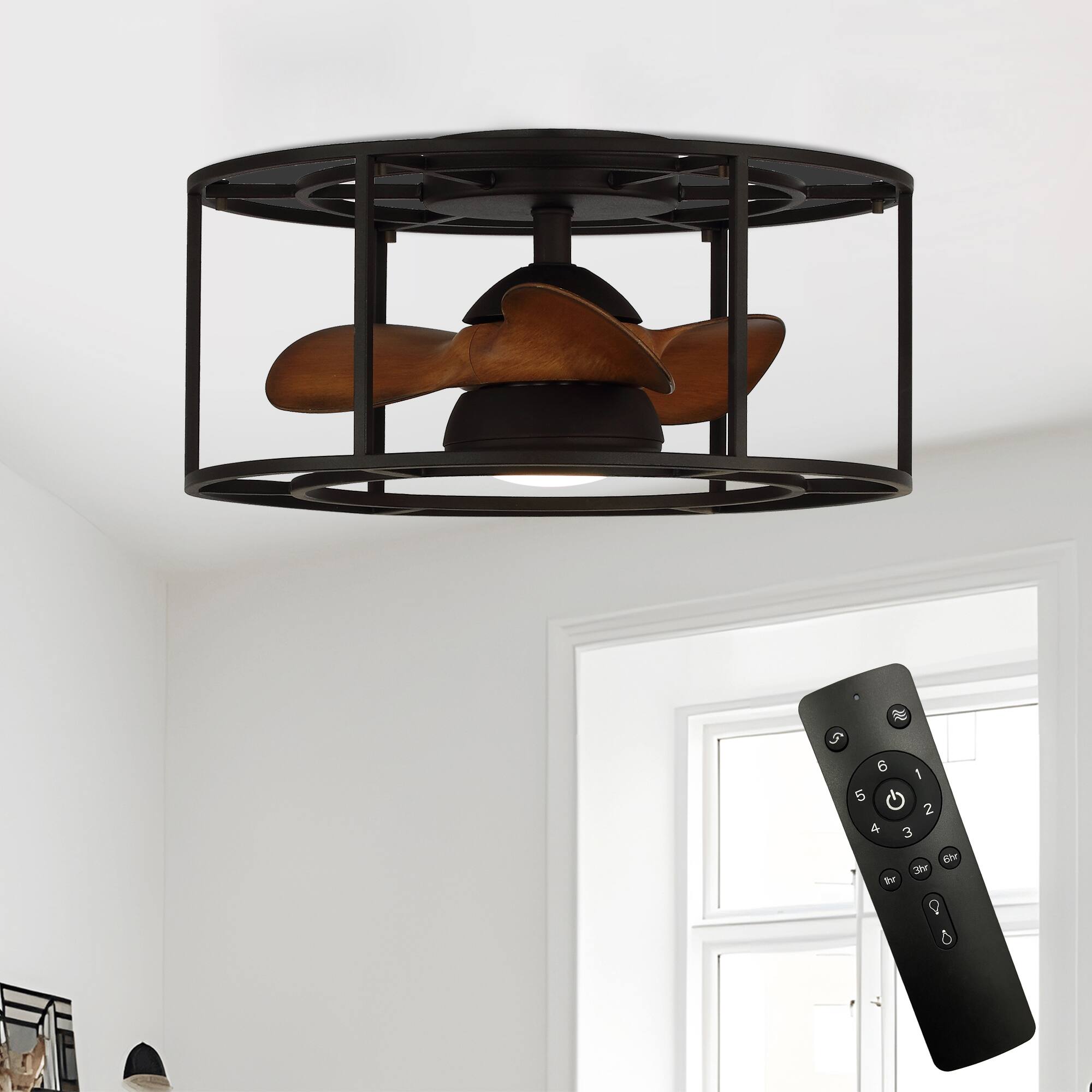 Front. Parrot Uncle - 20" Industrial Metal Caged Low Profile Ceiling Fan with Light - Matte Black.