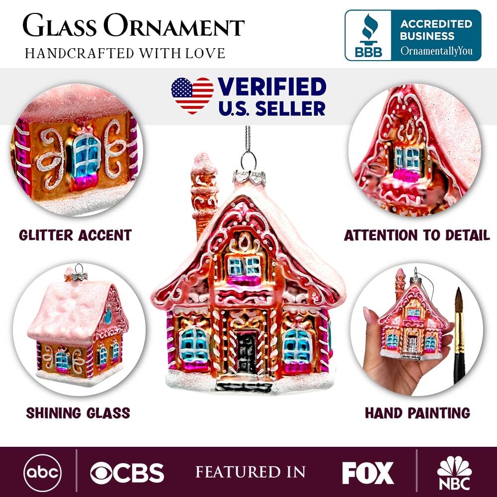 GLASS ORNAMENT  
HANDCRAFTED WITH LOVE  

ACCREDITED BUSINESS  
BBB  
OrnamentallyYou  

VERIFIED U.S. SELLER  

GLITTER ACCENT  
SHINING GLASS  
ATTENTION TO DETAIL  
HAND PAINTING  

FEATURED IN  
abc  
CBS  
FOX  
NBC