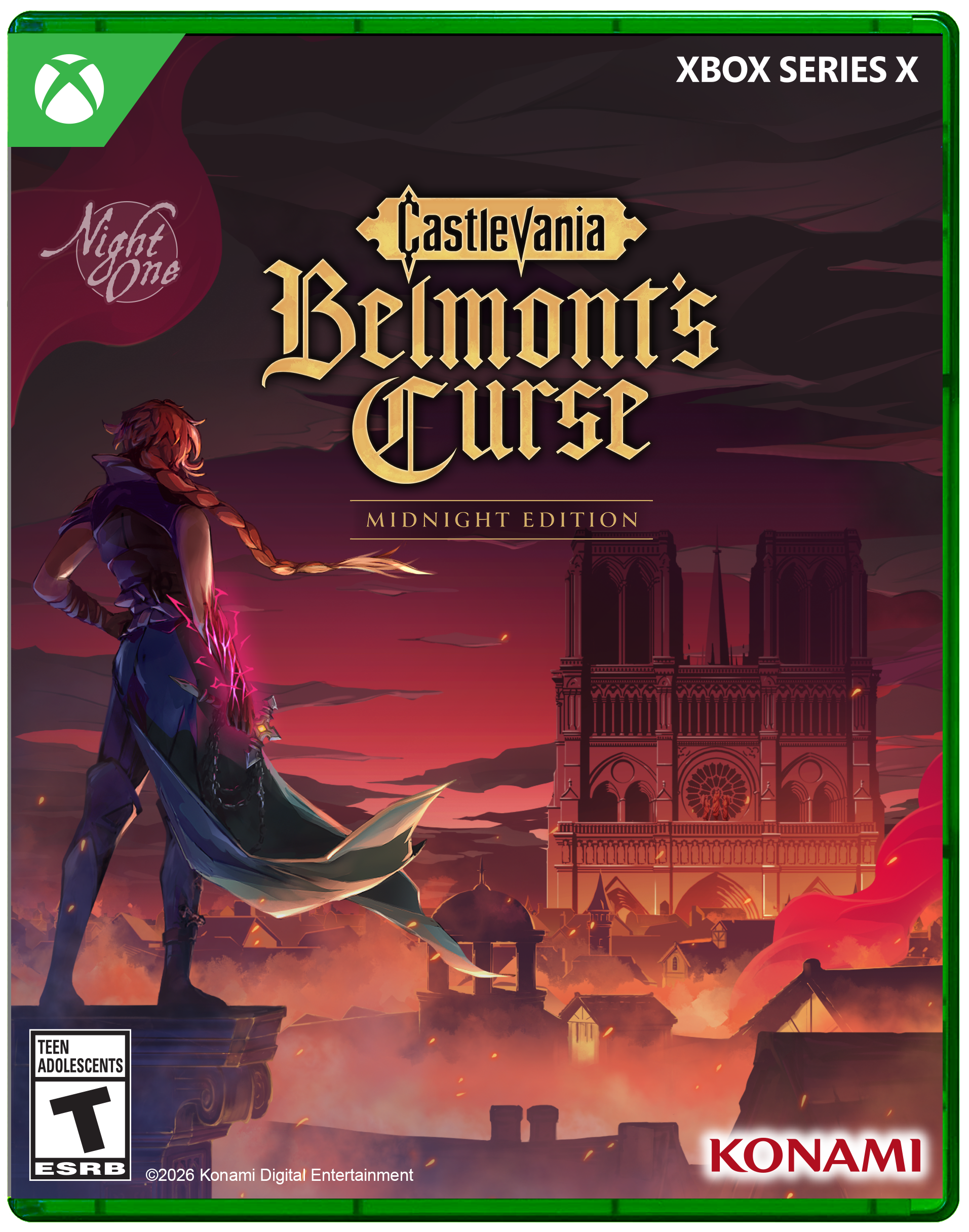 XBOX SERIES X

Night Castlevania One Belmonts Curse MIDNIGHT EDITION

TEEN ADOLESCENTS T ESRB 2026 Konami Entertainment Digital

KONAMI