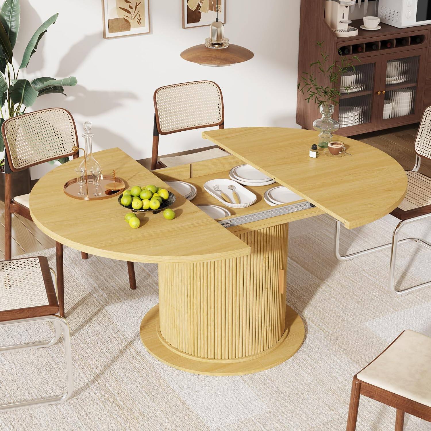 Left. Espafurni - 47-63" Extendable Dining Table for 4-8, Modern Oval Table with 2-Tier Storage Shelf - Natural Wood.