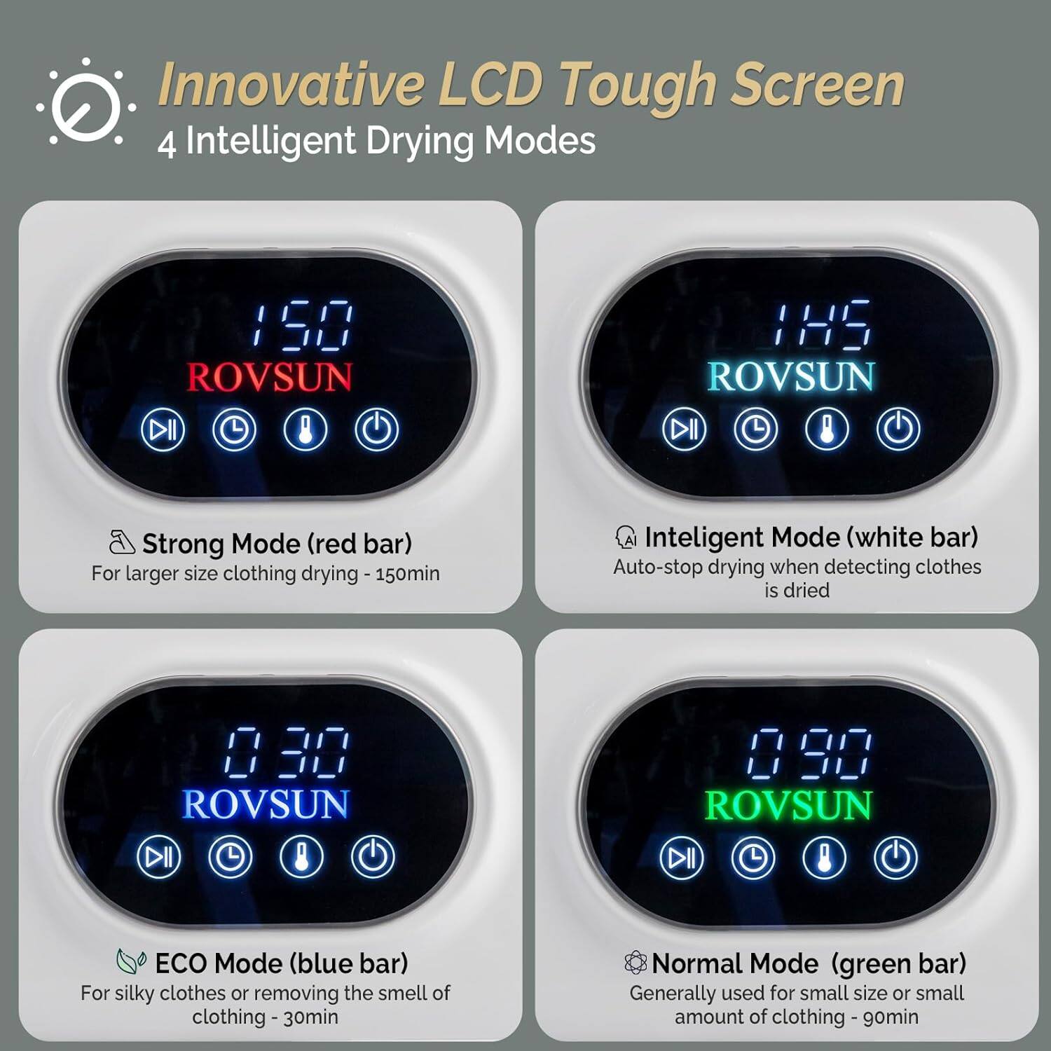 Innovative LCD Tough Screen  
4 Intelligent Drying Modes  

- ROVSUN DII 8 150min  
  Strong Mode (red bar)  
  For larger size clothing drying  

- ROVSUN DII 1HS  
  Intelligent Mode (white bar)  
  Auto-stop drying when detecting clothes is dried  

- ROVSUN DII C 8 30min  
  ECO Mode (blue bar)  
  For silky clothes or removing the smell of clothing  

- ROVSUN DII E 90min  
  Normal Mode (green bar)  
  Generally used for small size or small amount of clothing