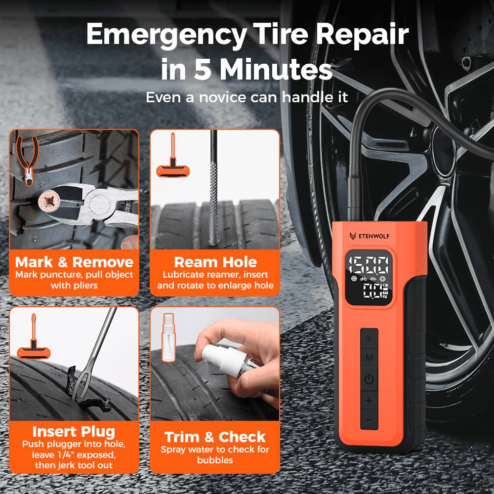 Emergency Tire Repair in 5 Minutes  
Even a novice can handle it  

ETENWOLF  

Mark & Remove  
Mark puncture, pull object with pliers  

Ream Hole  
Lubricate reamer, insert and rotate to enlarge hole  

Insert Plug  
Push plugger into hole, leave 1/4" exposed, then jerk tool out  

Trim & Check  
Spray water to check for bubbles
