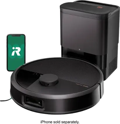 The image shows a black robotic speaker and a green iPhone. The speaker is described as a "robotic speaker" and "robotic device." The iPhone is described as "green" and "iPhone." The text on the image suggests that the iPhone is sold separately from the robotic speaker.