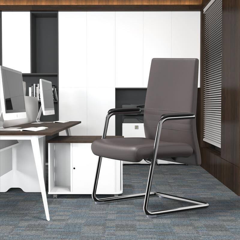 Angle. LeisureMod - Aleen Office Chair in Upholstered Leather and Iron Frame Comfortable Ergonomic Chair for Home Office, and Workspace - Grey.