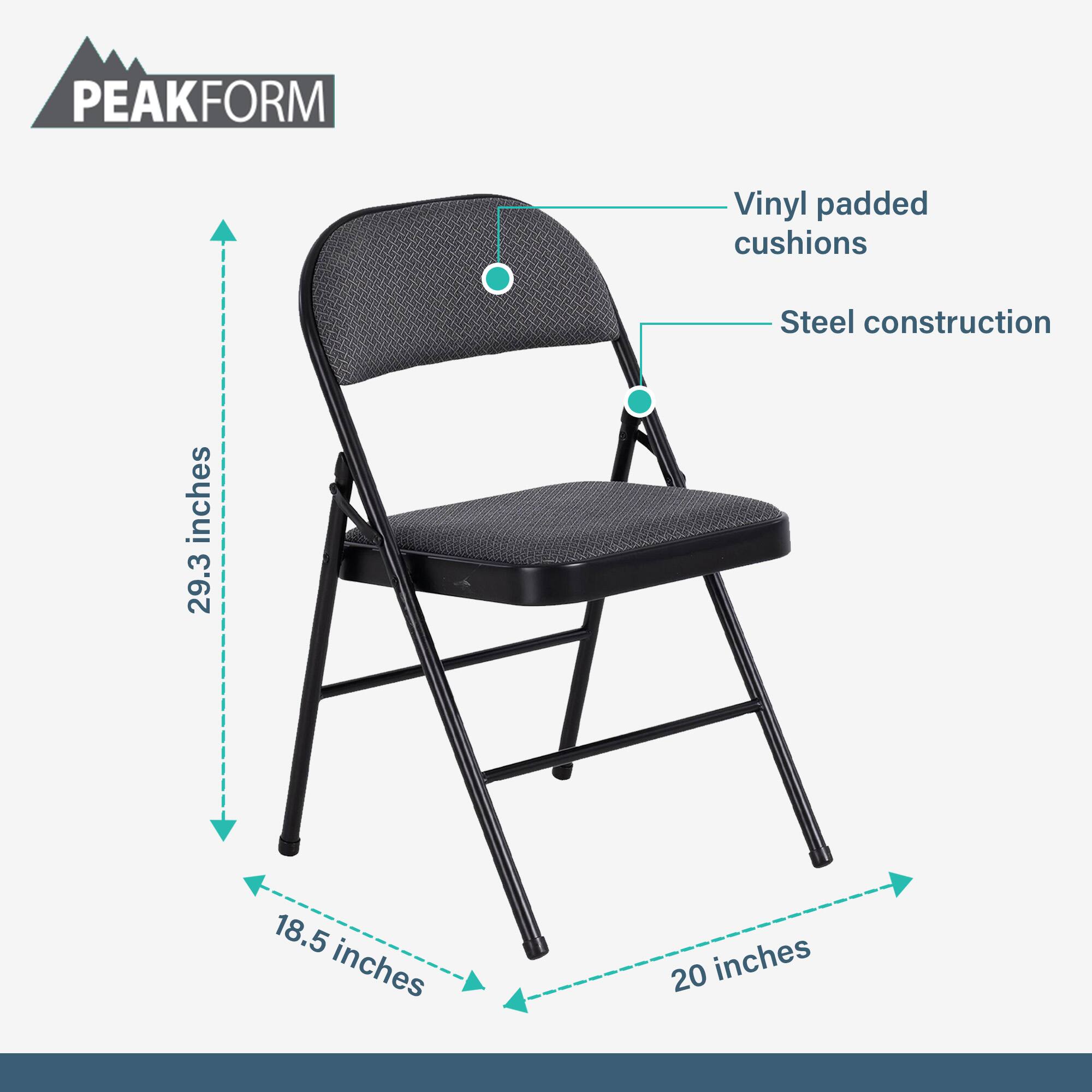 PEAKFORM Vinyl padded cushions Steel construction  
29.3 inches  
18.5 inches  
20 inches