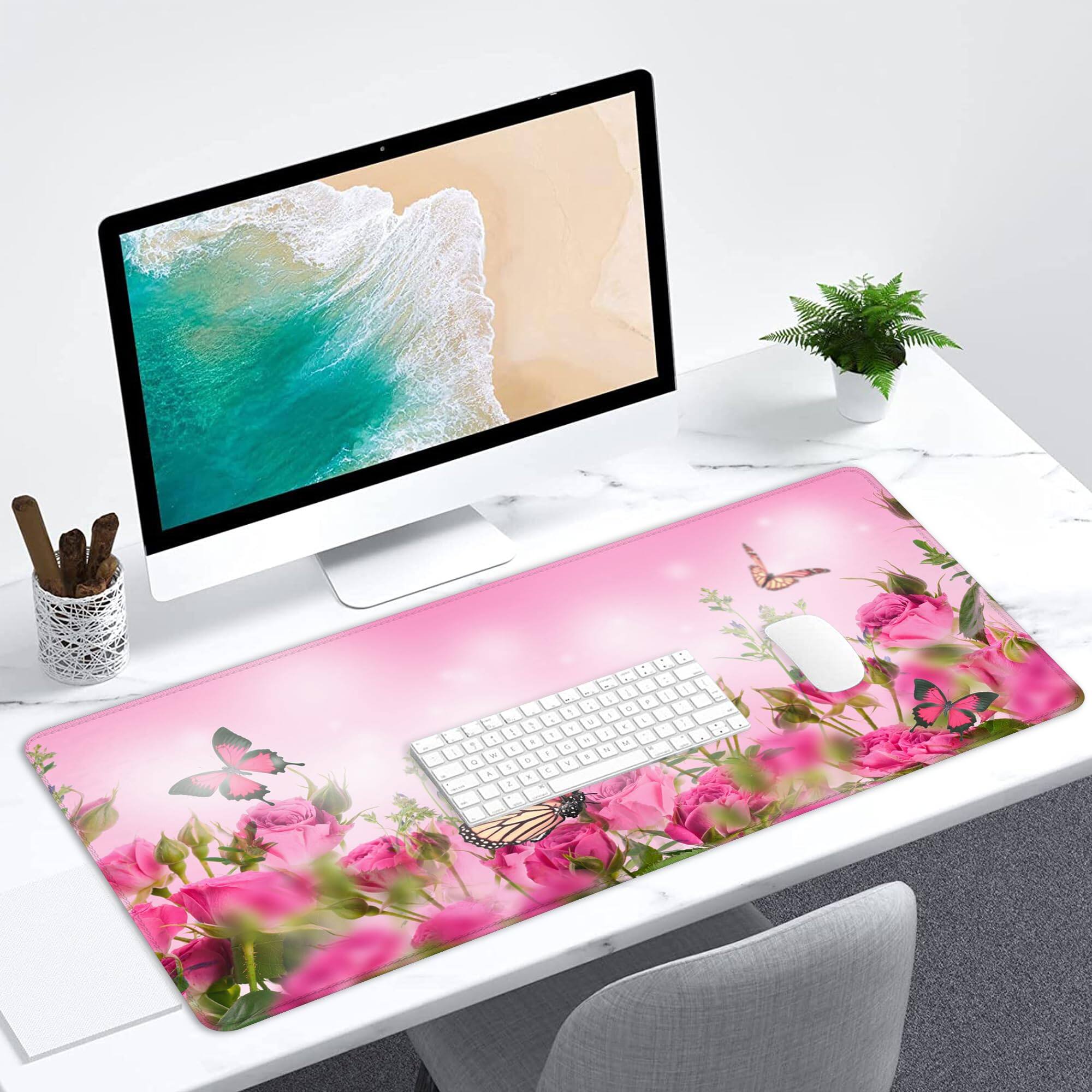 Alt View 3. Fabibe - Desk Mat Spring Pink Rose Floral Butterfly Mouse Pad Large Gaming For Non-slip Rubber Base Mousepad 31.5x15.7 Inch Of... - Spring Pink Rose Floral Butterfly.