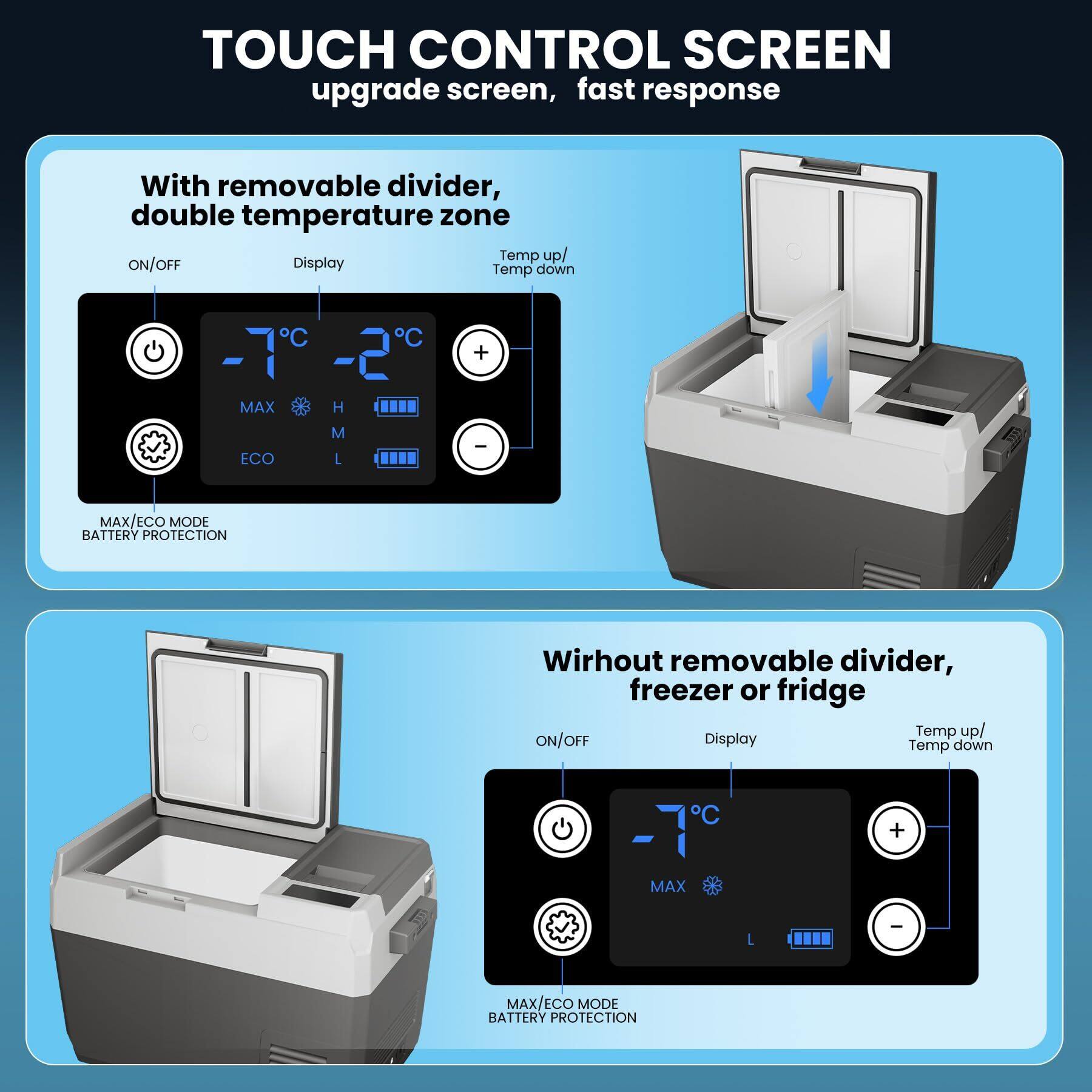 **TOUCH CONTROL SCREEN**  
upgrade screen, fast response

---

**With removable divider, double temperature zone**

- ON/OFF
- Display: -7°C -2°C
- Temp up/ Temp down
- MAX H M L
- ECO
- MAX/ECO MODE
- BATTERY PROTECTION

---

**Without removable divider, freezer or fridge**

- ON/OFF
- Display: -7°C
- Temp up/ Temp down
- MAX L
- ECO MODE
- BATTERY PROTECTION