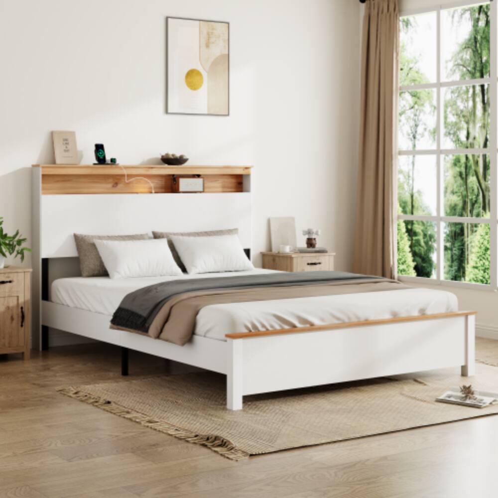 Angle. LUCKY ONE - Full Size Bed Frame With Storage Headboard and Built-in Charging Station - Antique White.