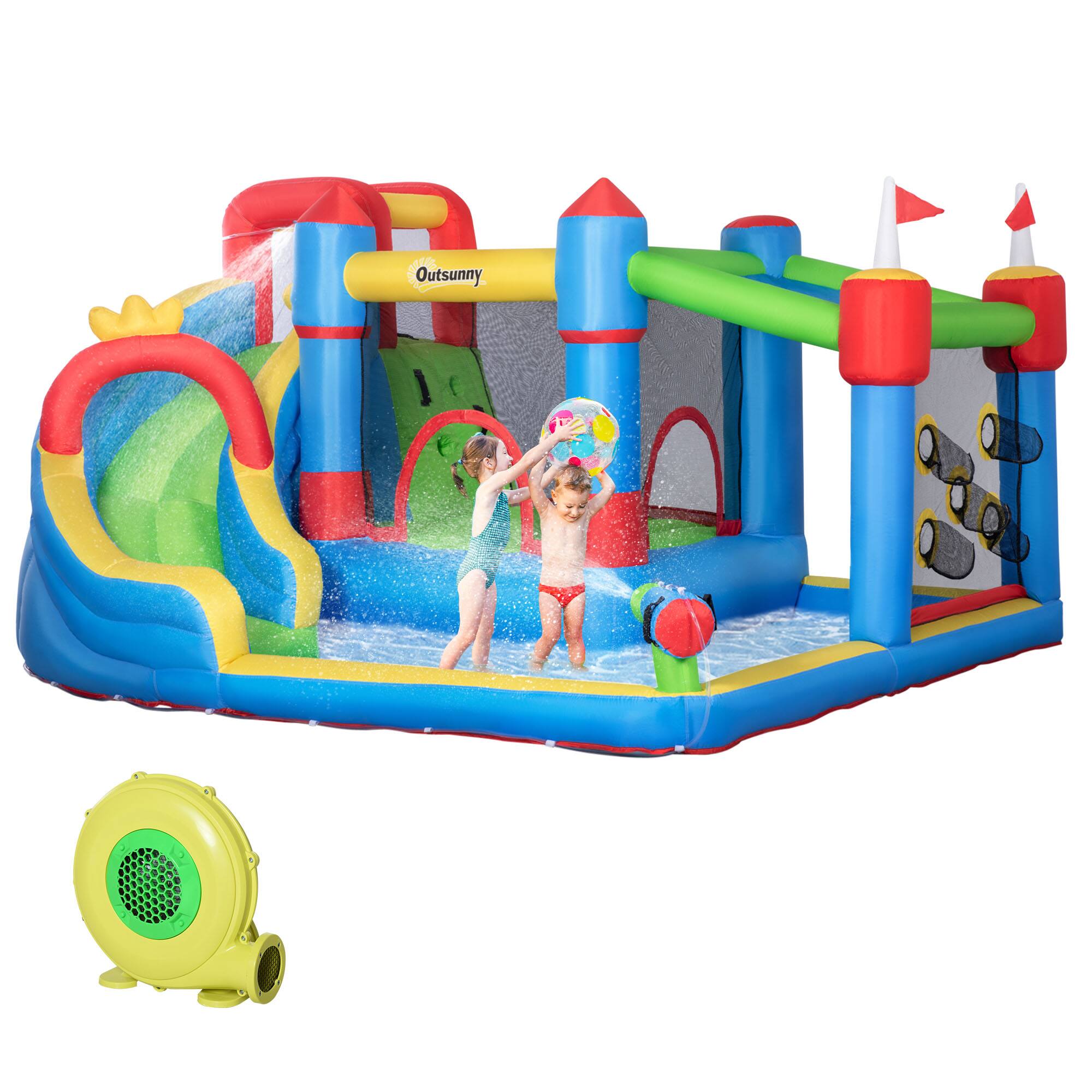 Front. Outsunny - Inflatable Bounce House, Slide, Climbing Wall, Water Cannon, Kids Ages 3-8, Air Blower.