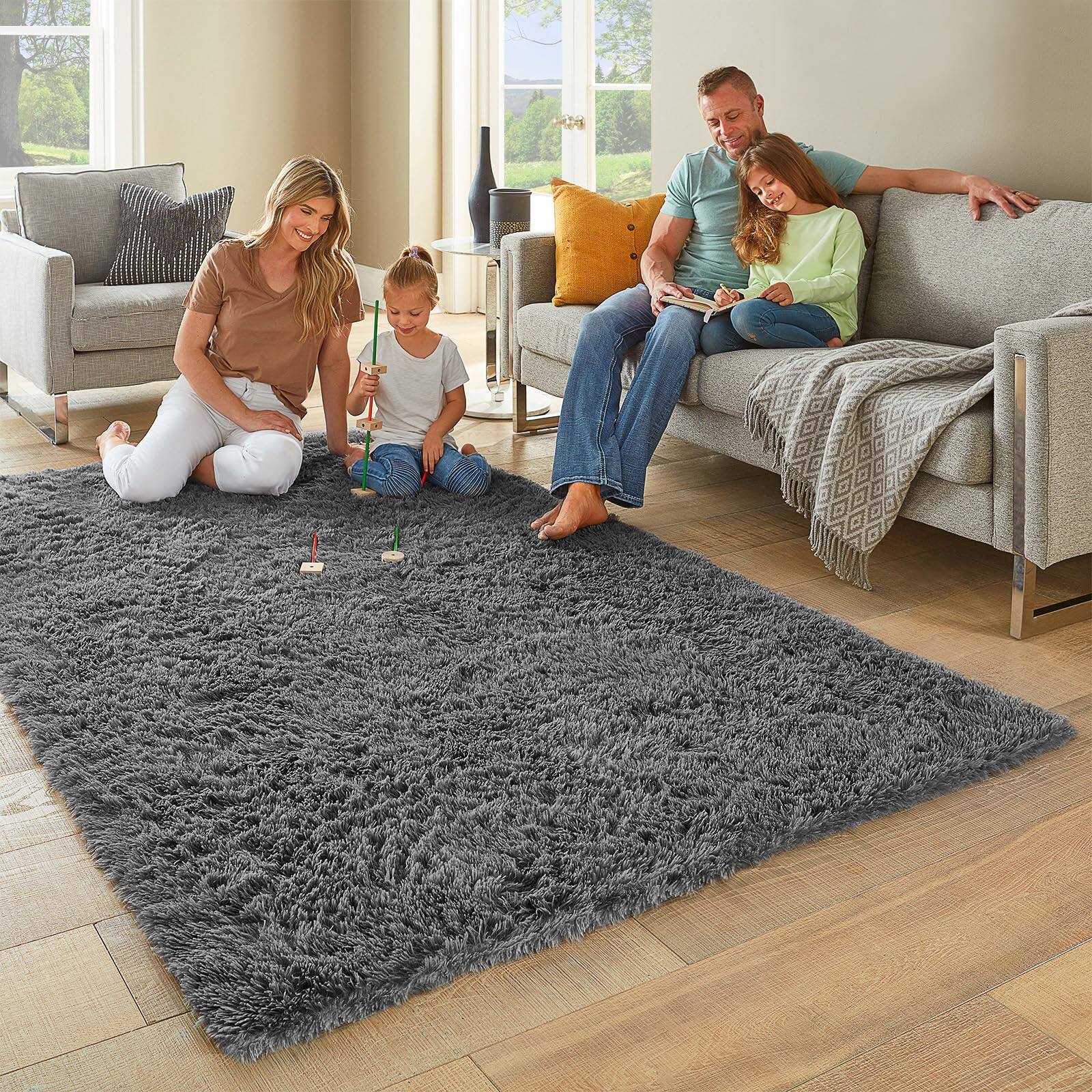 Left. PARKER SLATER - Area Rugs Living Room Bedroom Upgrade Non Slip Fluffy Soft Grey Shag Carpet Indoor Floor Gray 4x6 Fuzzy Shaggy Plush - 3- Black.