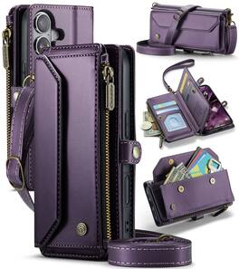 Dteck - Crossbody Wallet Case for Apple iPhone 17 with Card Slots and Zipper Pocket, Shockproof RFID Blocking PU Leather Cover - Purple