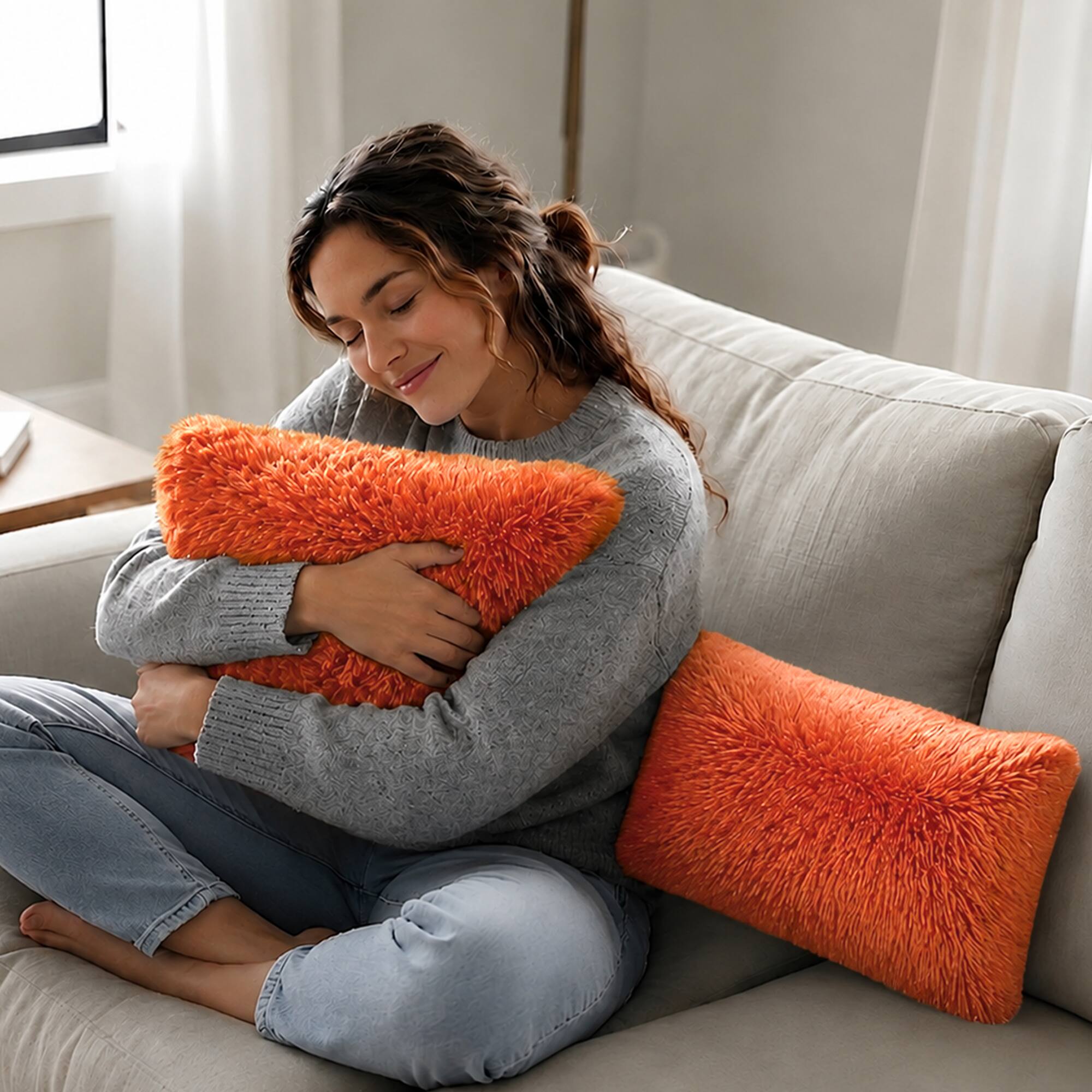 Angle. Cheer Collection - Plush Shaggy Long Hair Faux Fur Lumbar Accent Pillows with Inserts, 12 x 20 in, Set of 2 - Rust - Rust Orange.