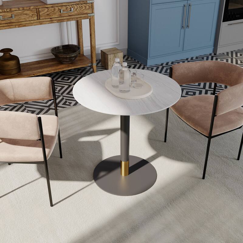 Angle. LeisureMod - Vail 27 Inch Round Dining Table with MDF Top and Black/Gold Base, Modern Small Kitchen Bistro Accent Table - Light Wood Brown.