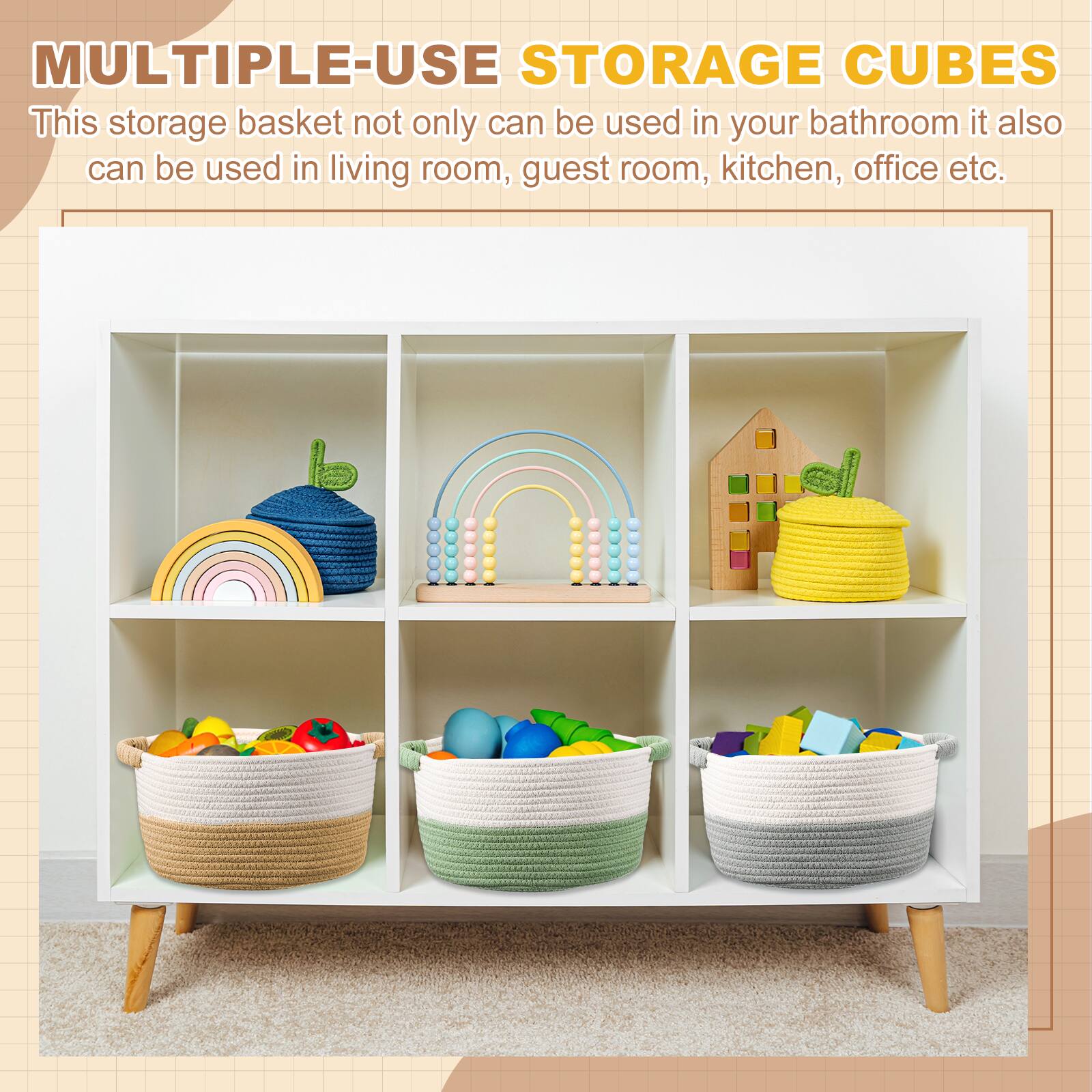 MULTIPLE-USE STORAGE CUBES

This storage basket not only can be used in your bathroom, it also can be used in living room, guest room, kitchen, office etc.