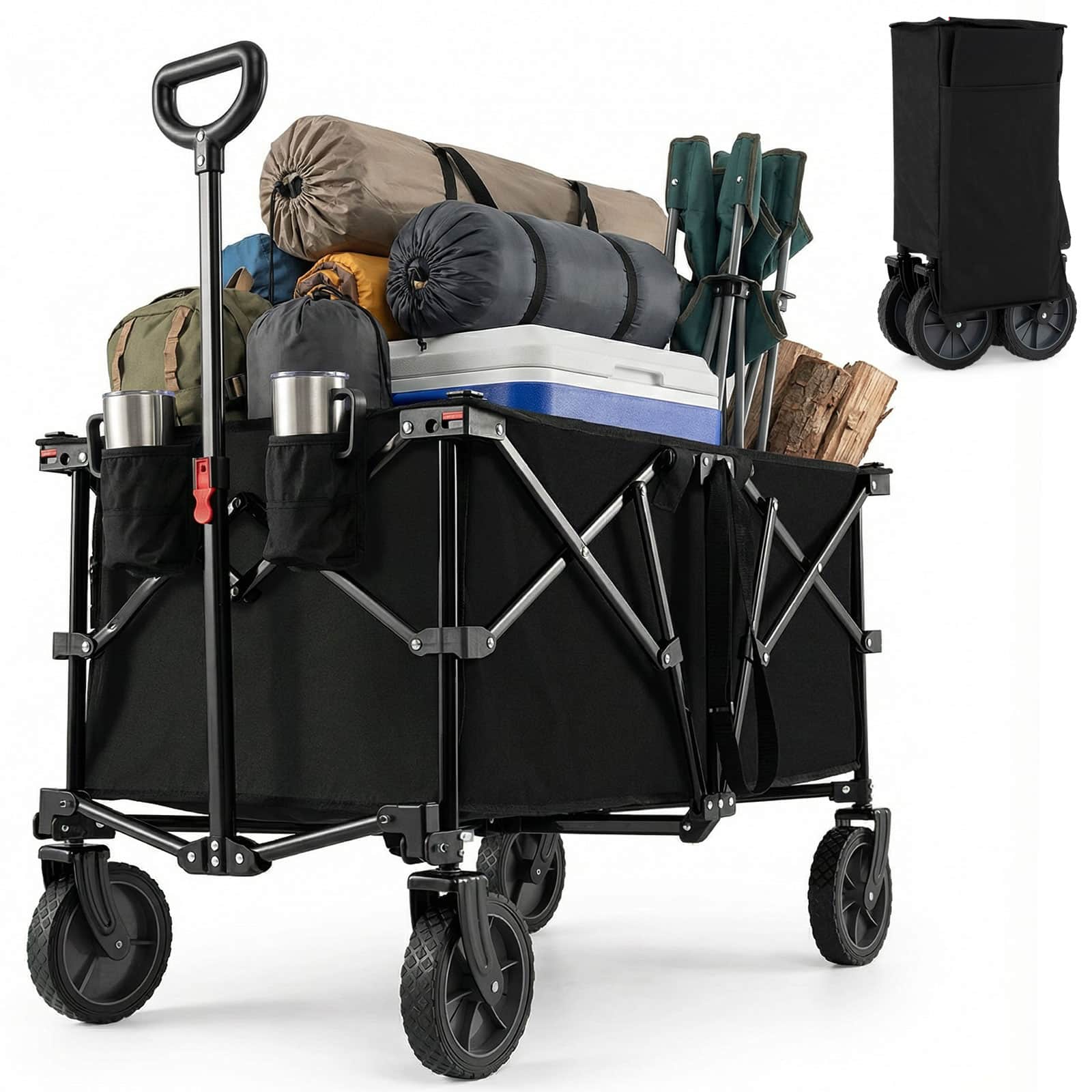 Gymax - 38'' Collapsible Wagon Cart w/All-Terrain Wheels 2 Cup Holders Adjustable Handle - Black price history on PriceWatchPro